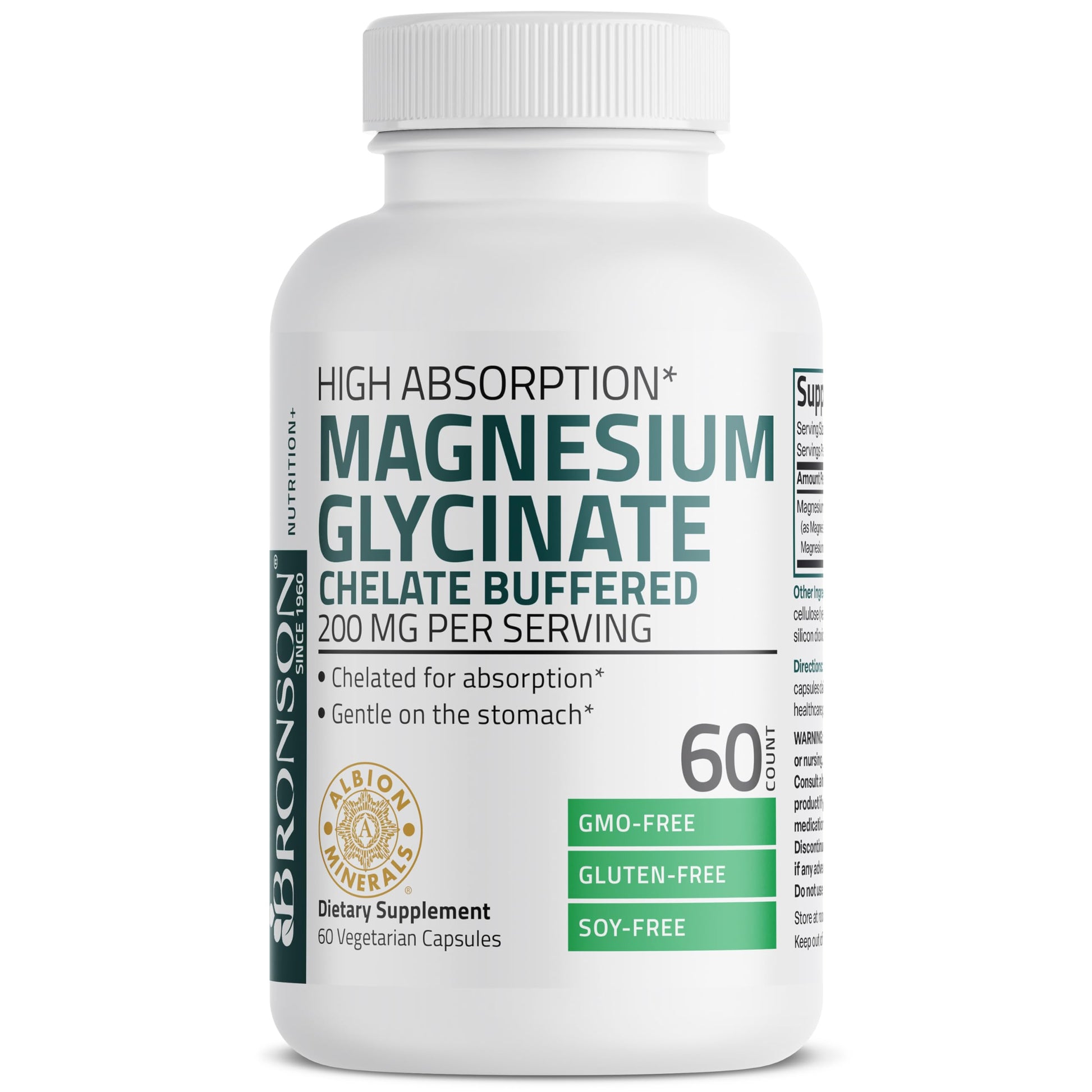 Bronson Magnesium Glycinate 200 MG per Serving Chelated for High Absorption, Gentle On Stomach, Non-GMO, 60 Vegetarian Capsules - Medaid International