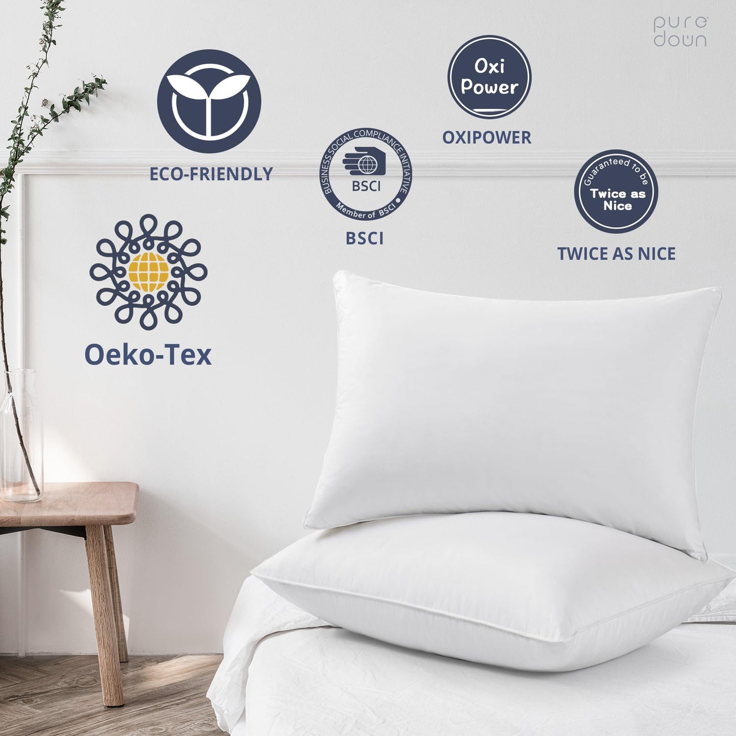 puredown® Goose Feathers and Down White Pillows with 100% Cotton Cover, Bed Sleeping Hotel Collection Pillows Set of 2, Standard Size - Medaid International