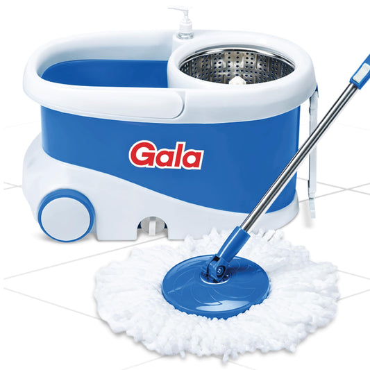 Gala Jet Spin Mop, Steel Winger & Big Wheels, 2 Microfiber Refills, Floor Cleaning Mop Stick with Bucket, pocha for Floor Cleaning, Mopping Set (White and Blue) - Medaid International