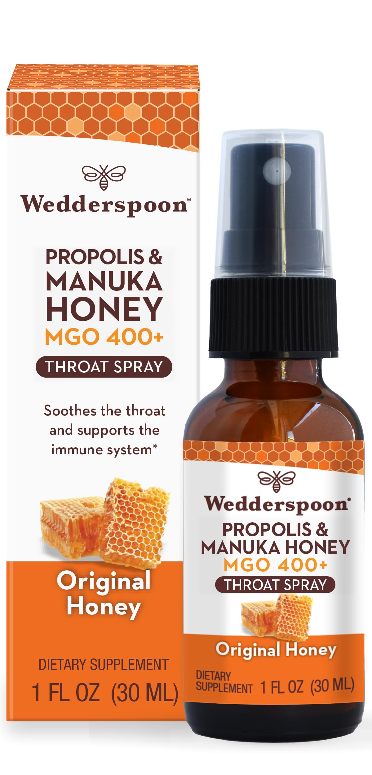 Wedderspoon Propolis and Manuka Honey Throat Spray, Original Honey, 1 Fl Oz (Pack of 1), Sore Throat Relief, Natural Immune Support - Medaid International