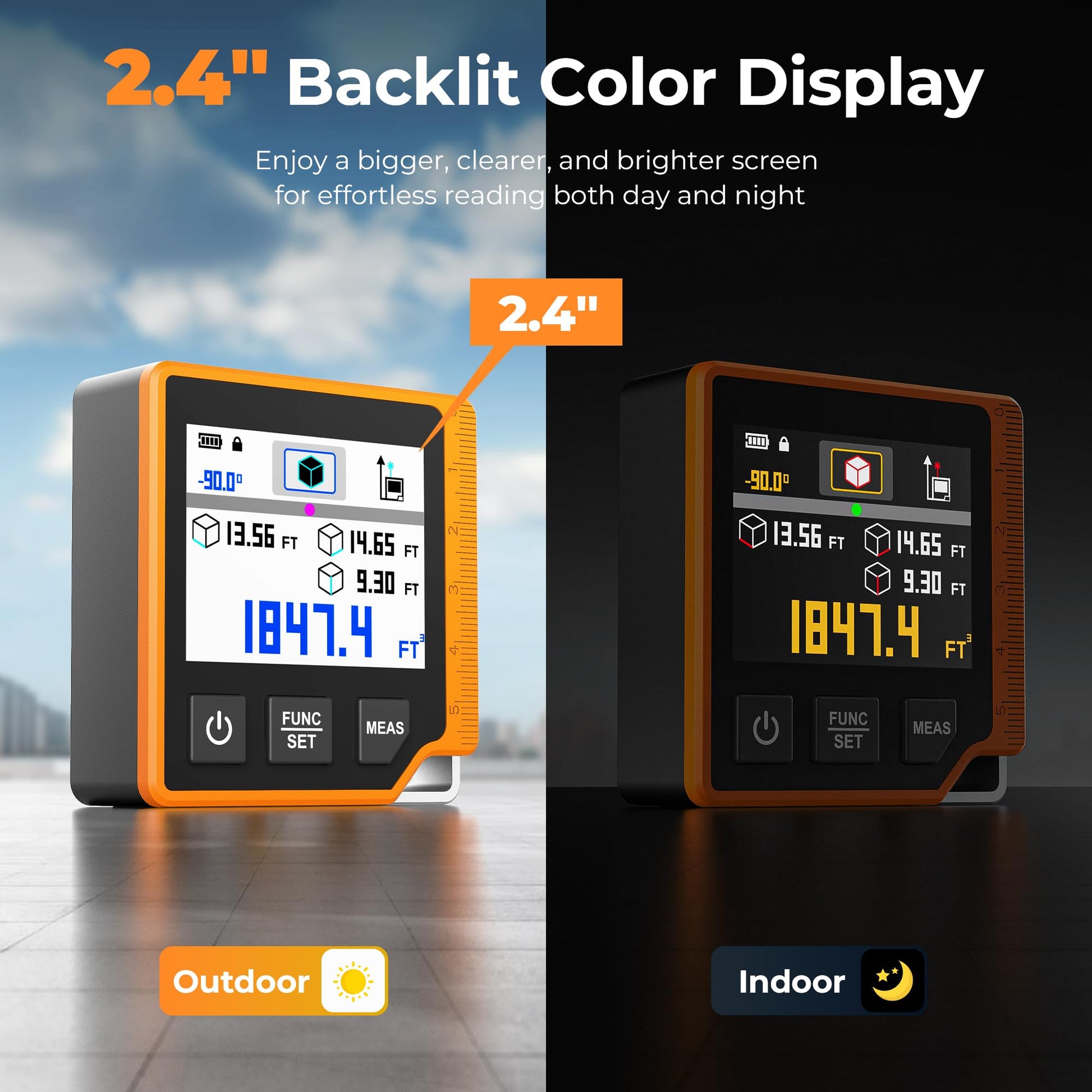 Laser Measuring Tool, 262ft Laser Measure with Digital Angle Finder & Level, Rechargeable Laser Measurement Tool with 2.4'' Color Backlit Display, 6 Units Ft/in/M, Length/Area/Volume/Pythagorean Mode - Medaid International