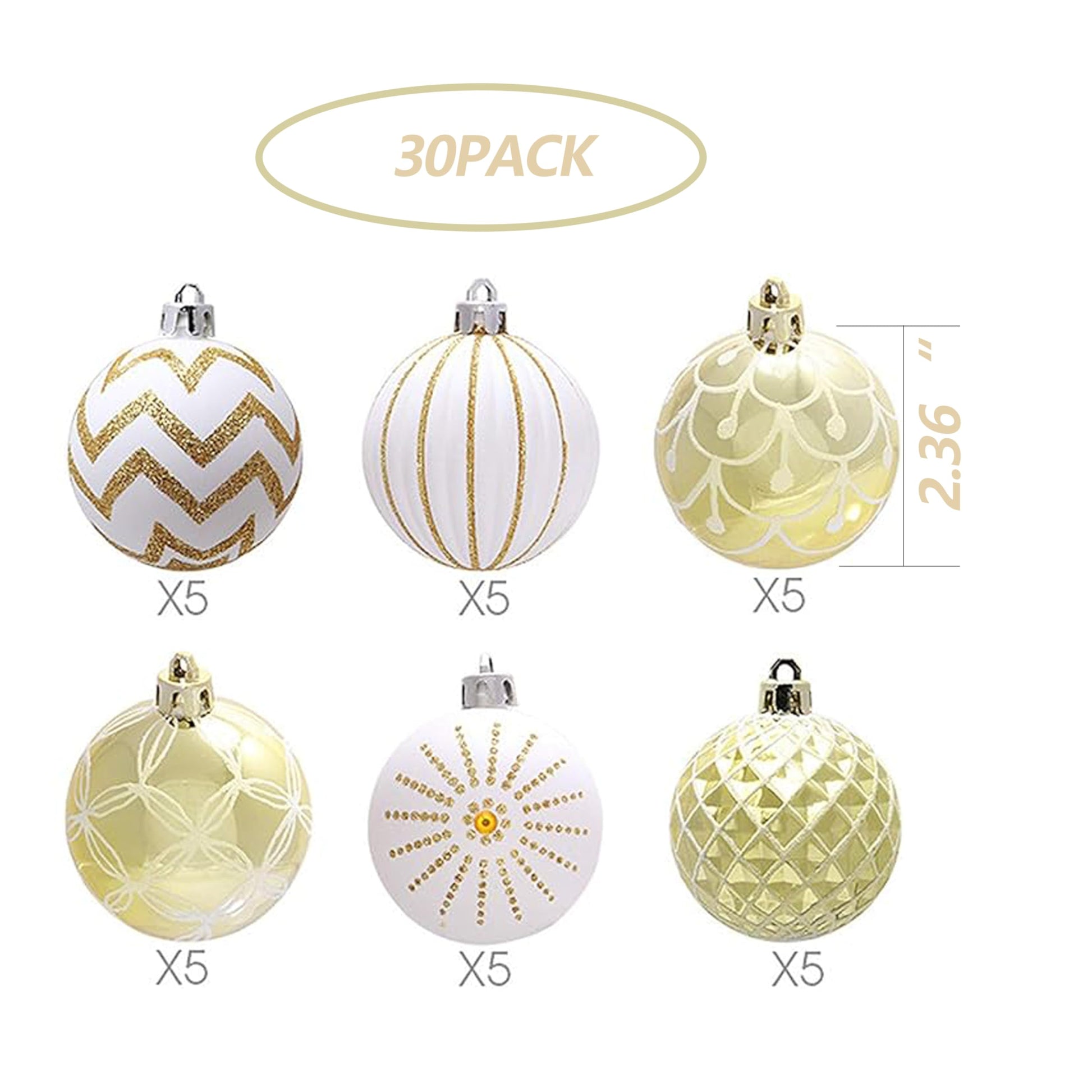 30PCS Christmas Balls Ornaments,60MM Gold&White Painted Shatterproof Festive Wedding Hanging Ornaments Christmas Tree Decoration - Medaid International