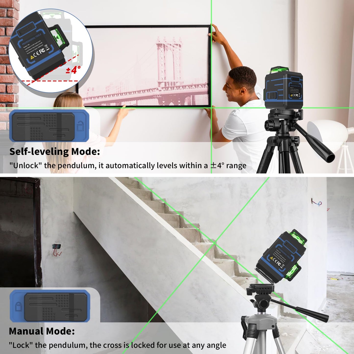 APOWER Laser Level 360 Self Leveling, 3 x 360° Cross Line Lazer Leveler Tool for Construction and Picture Hanging, Rechargeable Nivel Laser Outdoor, L-Magnetic Bracket Included - Medaid International