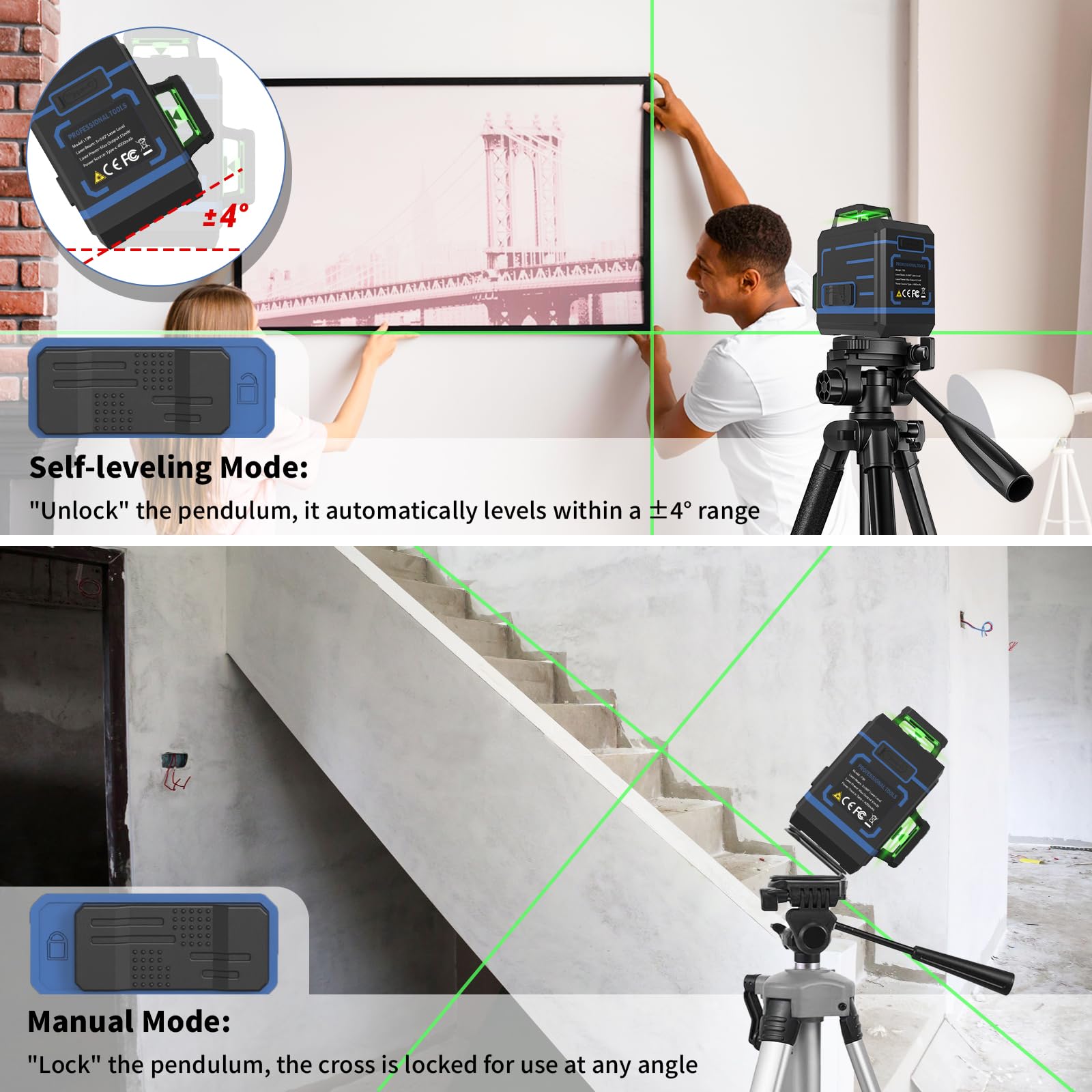 APOWER Laser Level 360 Self Leveling, 3 x 360° Cross Line Lazer Leveler Tool for Construction and Picture Hanging, Rechargeable Nivel Laser Outdoor, L-Magnetic Bracket Included - Medaid International