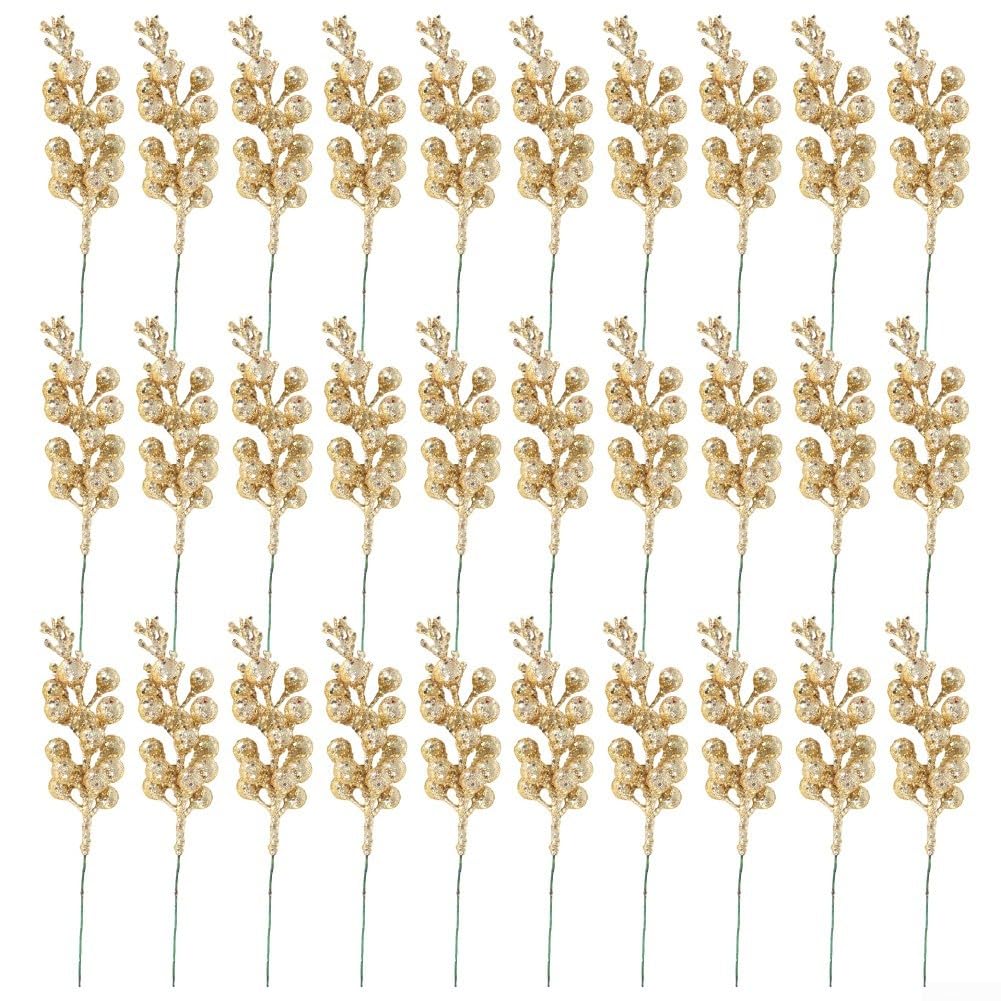 30pcs Christmas Glitter Berry Stems for Wreaths, Garlands and Tree Decorations, 7.9 Inch Artificial Foam Berry Picks in Gold Silver Red for Holiday DIY Crafts, Weddings and Party Floral Arrangements - Medaid International