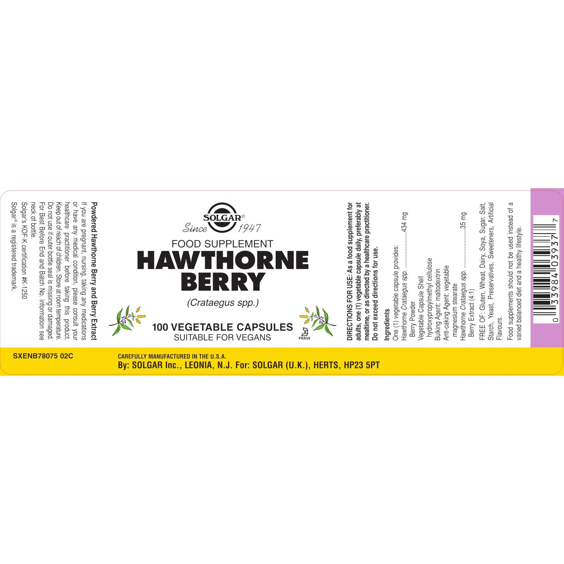 Solgar Full Potency Hawthorne Berry Vegetable Capsules, 100 Count - Medaid International