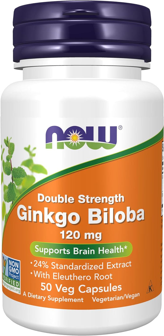 NOW Supplements, Ginkgo Biloba 120 mg, Double Strength, Non-GMO Project Verified, 50 Veg Capsules - Medaid - Lebanon