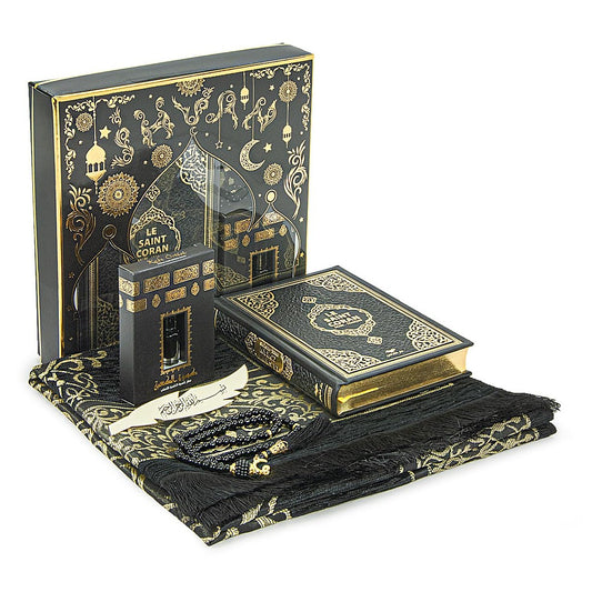 ihvan online Prayer Gift Set for Hajj and Umrah, Muslim Prayer Rug, Prayer Mat, Beads Taasbih, Holy Quran Translated French, Muslim Praying Mat, Islamic Gift Set for Ramadan & Eid, Black - Medaid International
