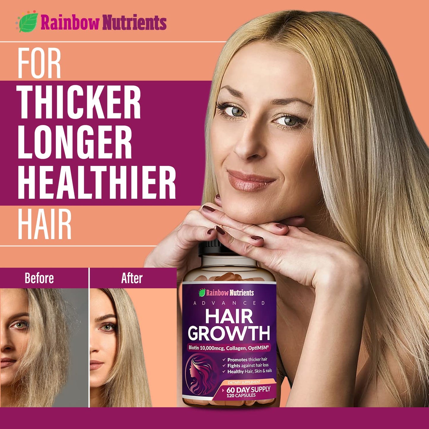 Hair Growth Vitamins for Women | Biotin 10,000mcg, Collagen, Patented OptiMSM®, goMCT®, Saw Palmetto | Naturally Regrow Stronger & Healthier Hair, Skin and Nails | Stops Hair Loss | 60 Day Supply - Medaid International