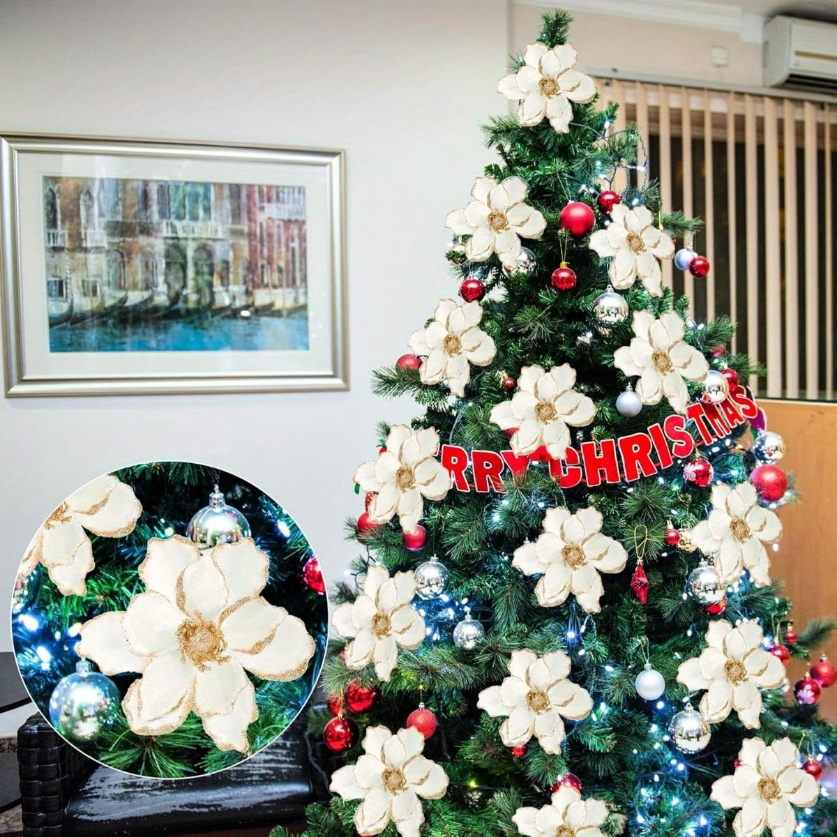 1Pc Glitter White Golden Artificial Flowers, Ideal for Christmas Tree, Wreath and DIY Ornaments for Xmas, New Year, Wedding Party & Holiday Decor - Medaid International