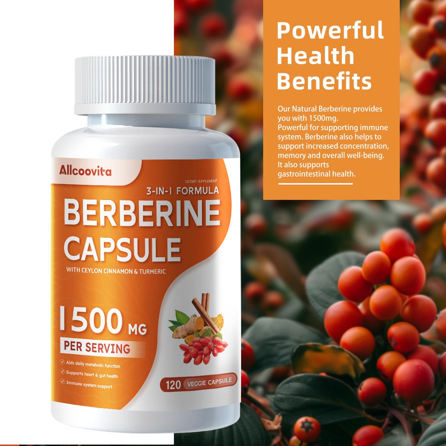Allcoovita Berberine Supplement - Berberine 1500mg Per Serving,120 Capsules - Berberine HCI - Berberine Plus - Plus Pure True Ceylon Cinnamon, Berberine HCI Root Supplements Pills - Medaid International