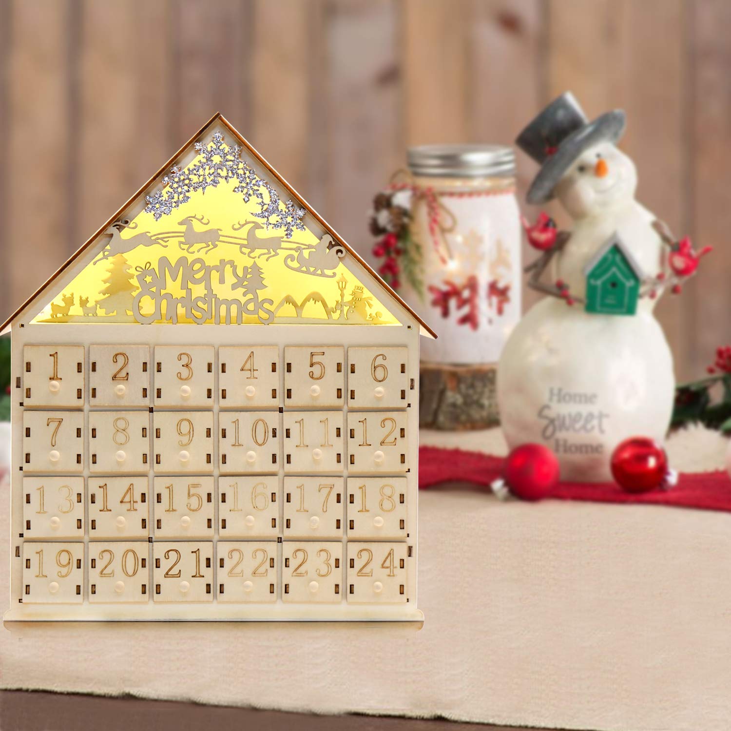 CCINEE Christmas Wooden Advent Calendar with LED Light 24 Storage Drawers Christmas Countdown Calendar for Holiday Decoration - Medaid International