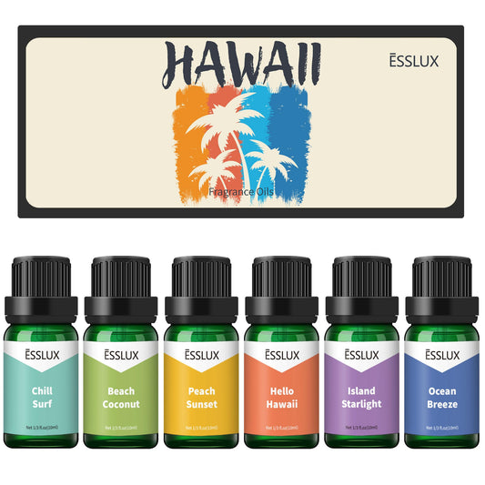Hawaii Fragrance Oil, ESSLUX 6x10ml Essential Scented Oils Set, Candle Making Scents, Soap Making, Laundry, Diffuser Oil Fresh Scents for Spring Summer, Ocean Breeze, Beach Coconut - Medaid International