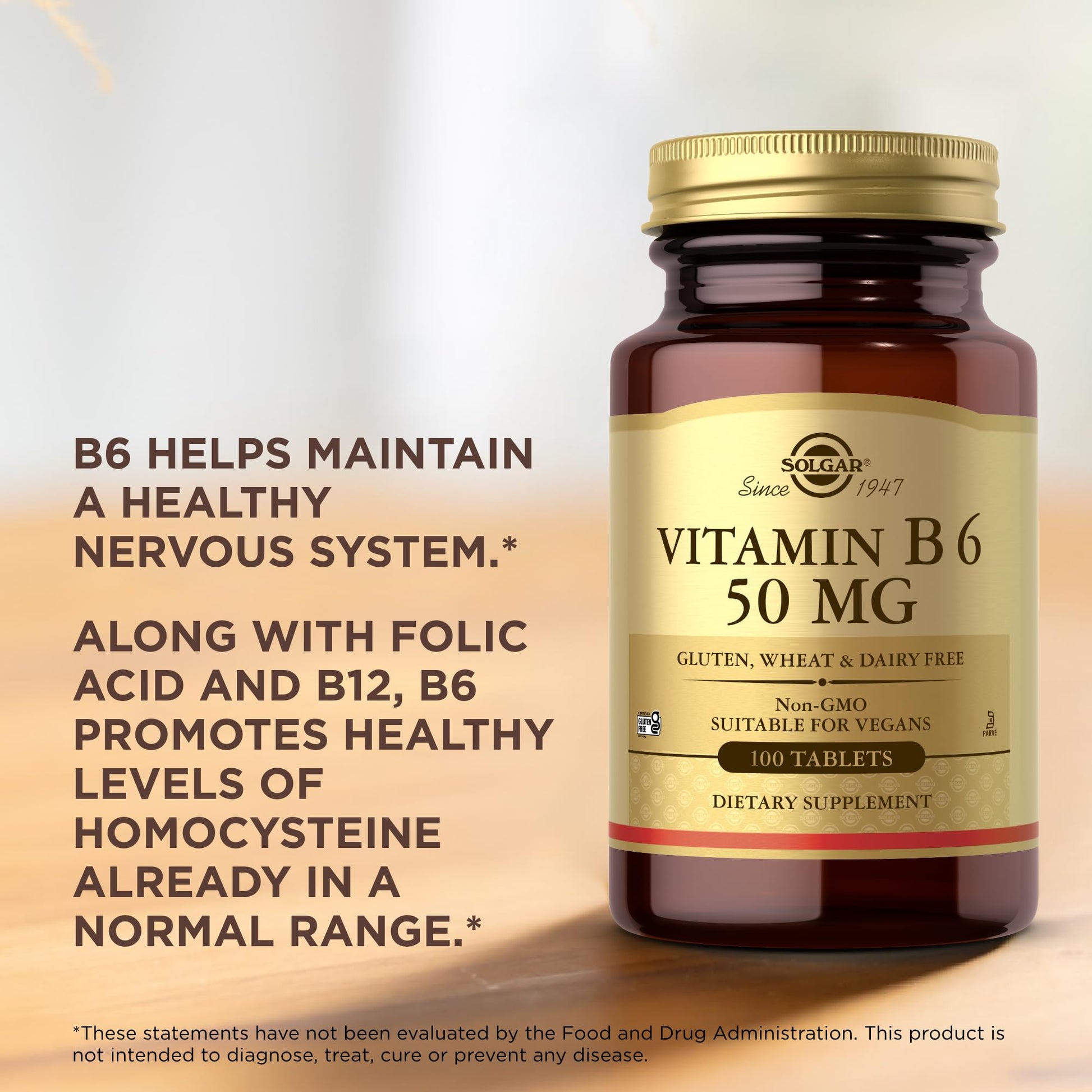 Solgar Vitamin B6 50 mg - 100 Tablets - Non-GMO, Vegan, Gluten Free, Dairy Free, Kosher - 100 Servings - Medaid International