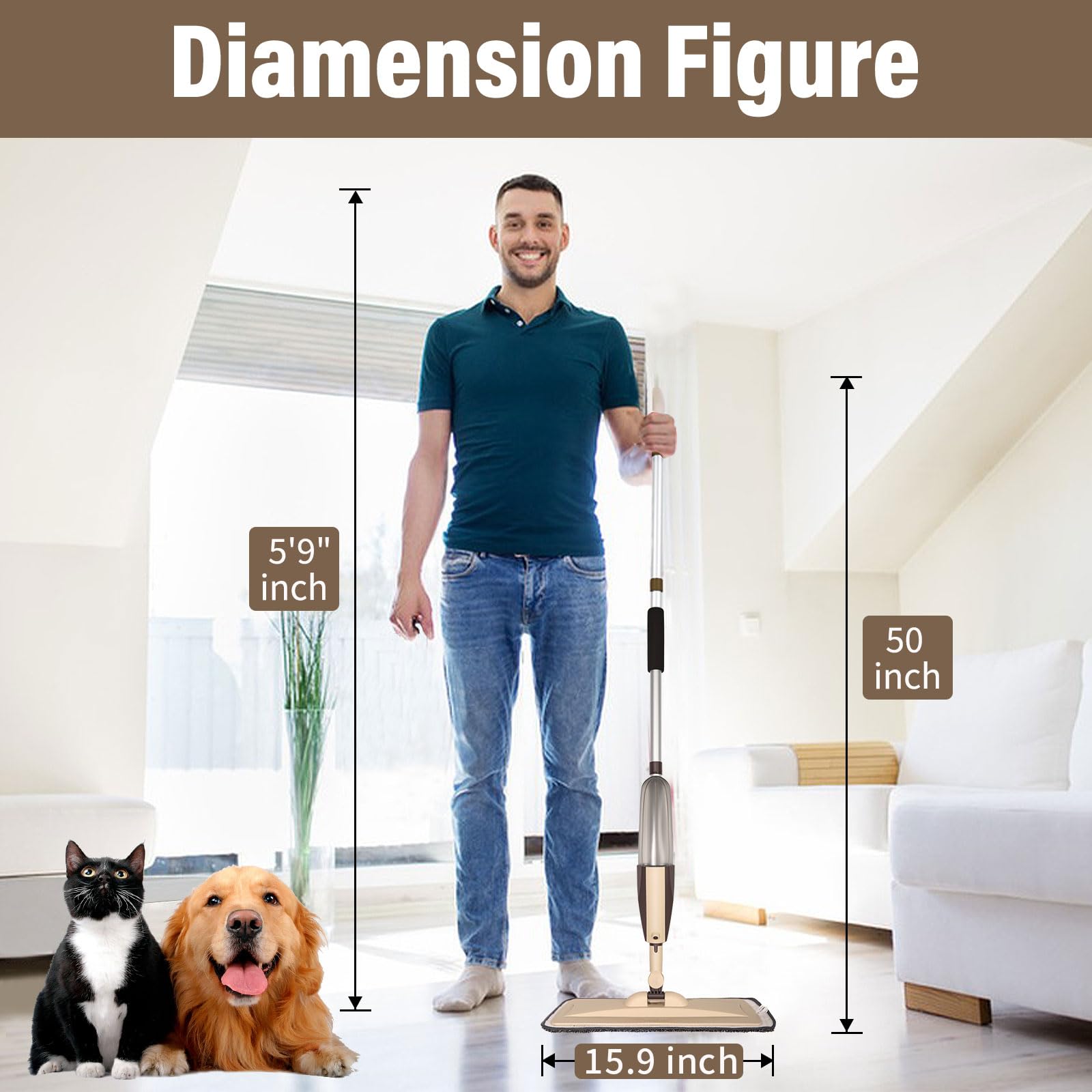 Mops for Floor Cleaning, 50 inch Spray Mop with 400ml Refillable Bottle and 2 Replacement Pads Dry Wet FloorCleaning Household or Commercial Use for Hardwood Laminate Tile Ceramic (Brown) - Medaid International