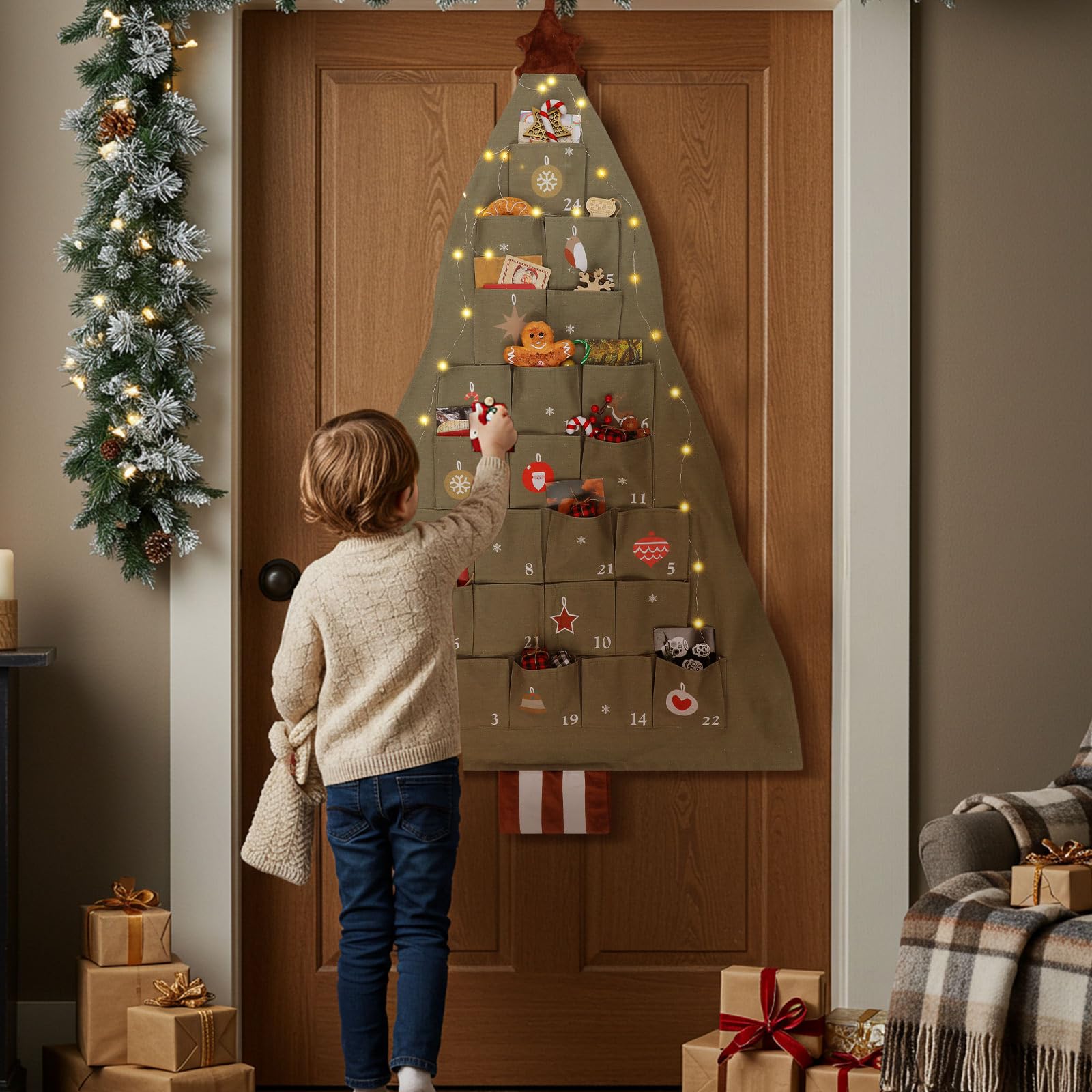 SATINIOR Fabric Christmas Advent Calendar with Pockets Xmas Tree Empty Cloth Advent Calendar to Fill 24 Days Reusable Natural 24 Days Countdown Hanging Storage Bag for Home Xmas Countdown Decoration - Medaid International