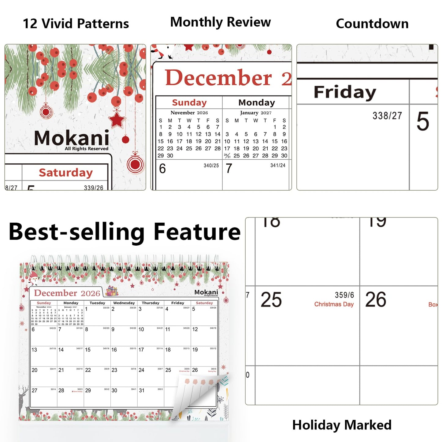 Small Desk Calendar 2026-2027, Mokani Standing Desktop Calendar (Jan.2026-Jun.2027), Academic Flip Calender with Stickers & US Holidays Marked (8"x6") - Medaid International