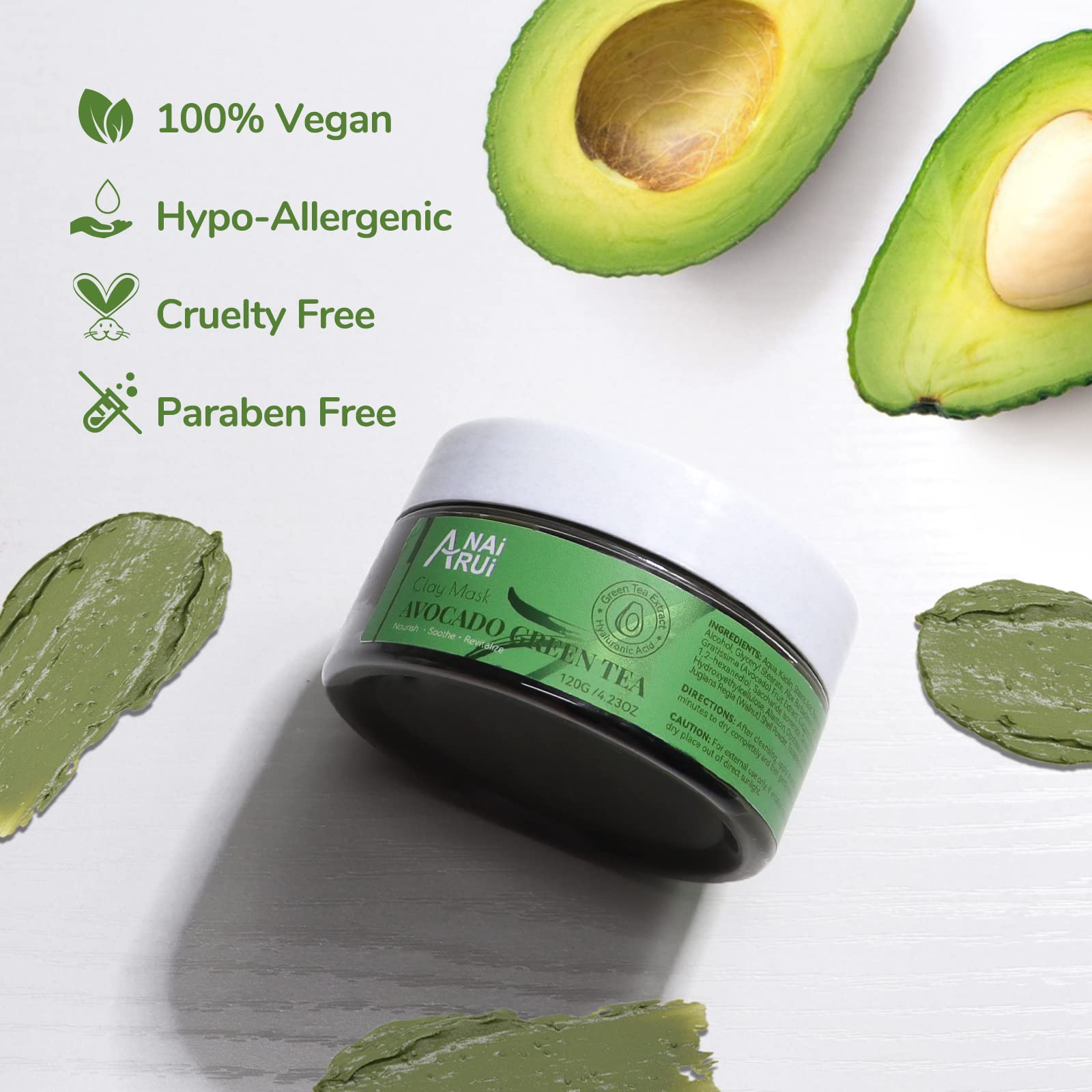 ANAI RUI Green Tea Face Mask with Avocado, Clay Facial Mask for Acne, Detox, Face Cleansing Mask, Hydrating, Nourishing, Soothing, 120g/4.23 oz - Medaid International