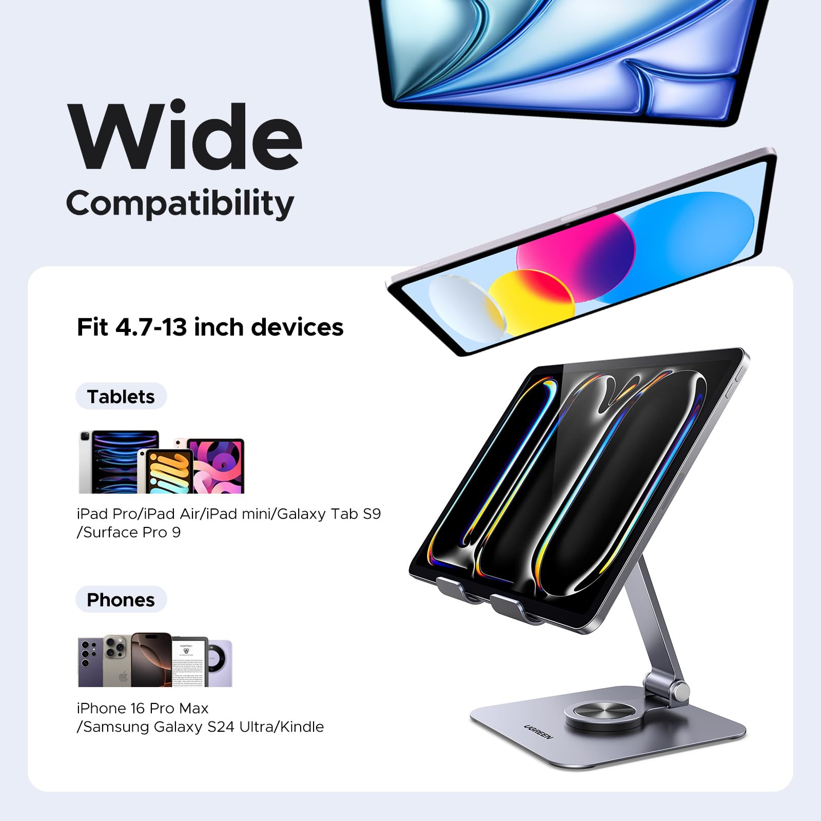 UGREEN Tablet Stand Holder for Desk 360° Rotating Base Aluminum Tablet Holder Adjustable Multi-Angle Home Office Accessories Compatible with iPad Pro Air Mini 13 12.9 11 Inch - Medaid International