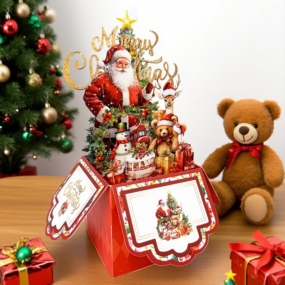 Vintage 4-Layer Christmas Greeting Card with Santa Claus, Reindeer & Tree Design - Paper Holiday Card with Envelope, Festive Holiday Party Invitation for Friends & Family - Medaid International