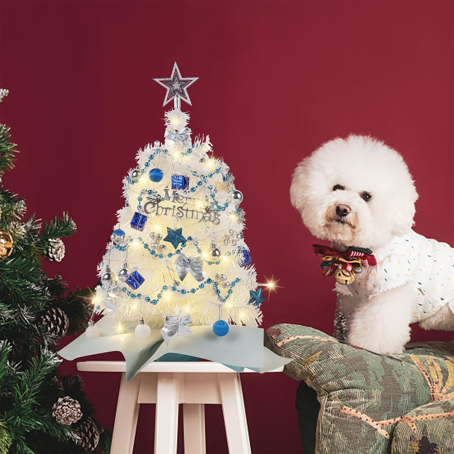 Juegoal White Mini Christmas Tree, 24 Inch/2 FT Lighted Tabletop Artificial Xmas Pine Tree, Small Spruce Tree Light Up Battery Operated & Timer with 50 LED Lights, for Holiday Winter Home Party Decor - Medaid International