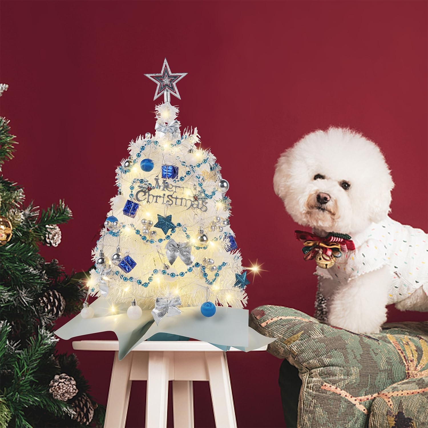 Juegoal White Mini Christmas Tree, 24 Inch/2 FT Lighted Tabletop Artificial Xmas Pine Tree, Small Spruce Tree Light Up Battery Operated & Timer with 50 LED Lights, for Holiday Winter Home Party Decor - Medaid International