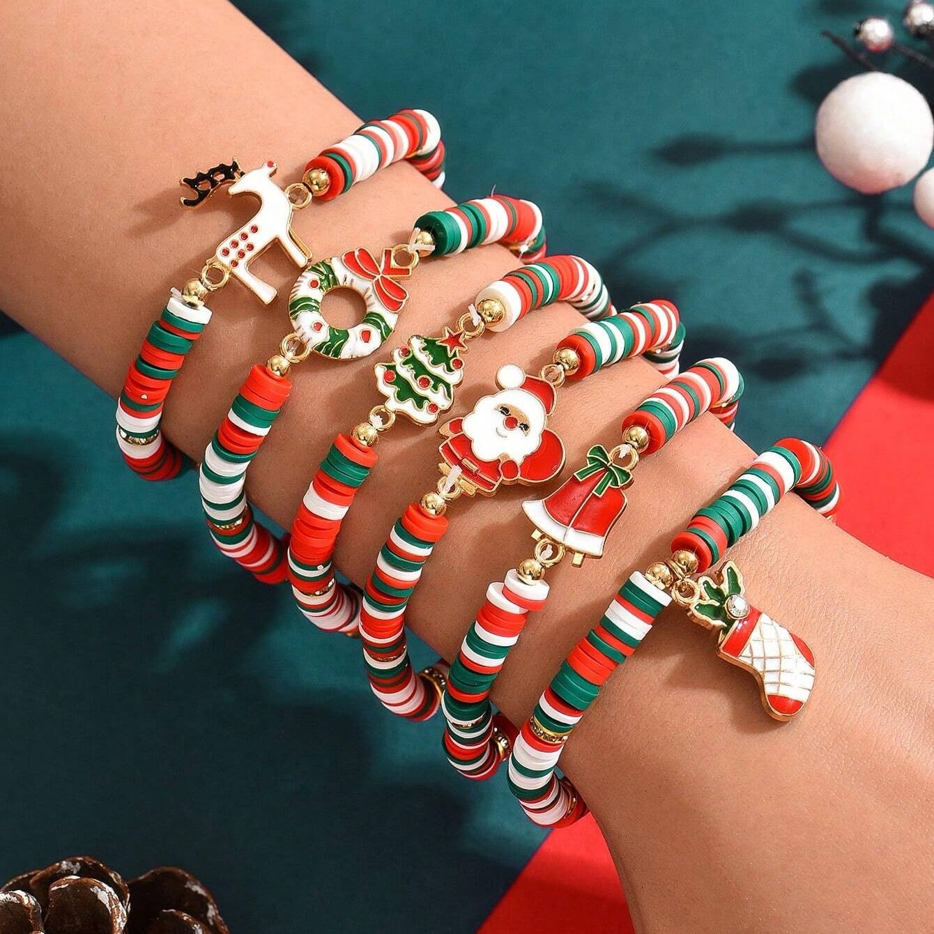 Christmas Santa & Snowman Soft Clay Bracelet, Red Green White Festive Beaded Jewelry for Holiday - Medaid International