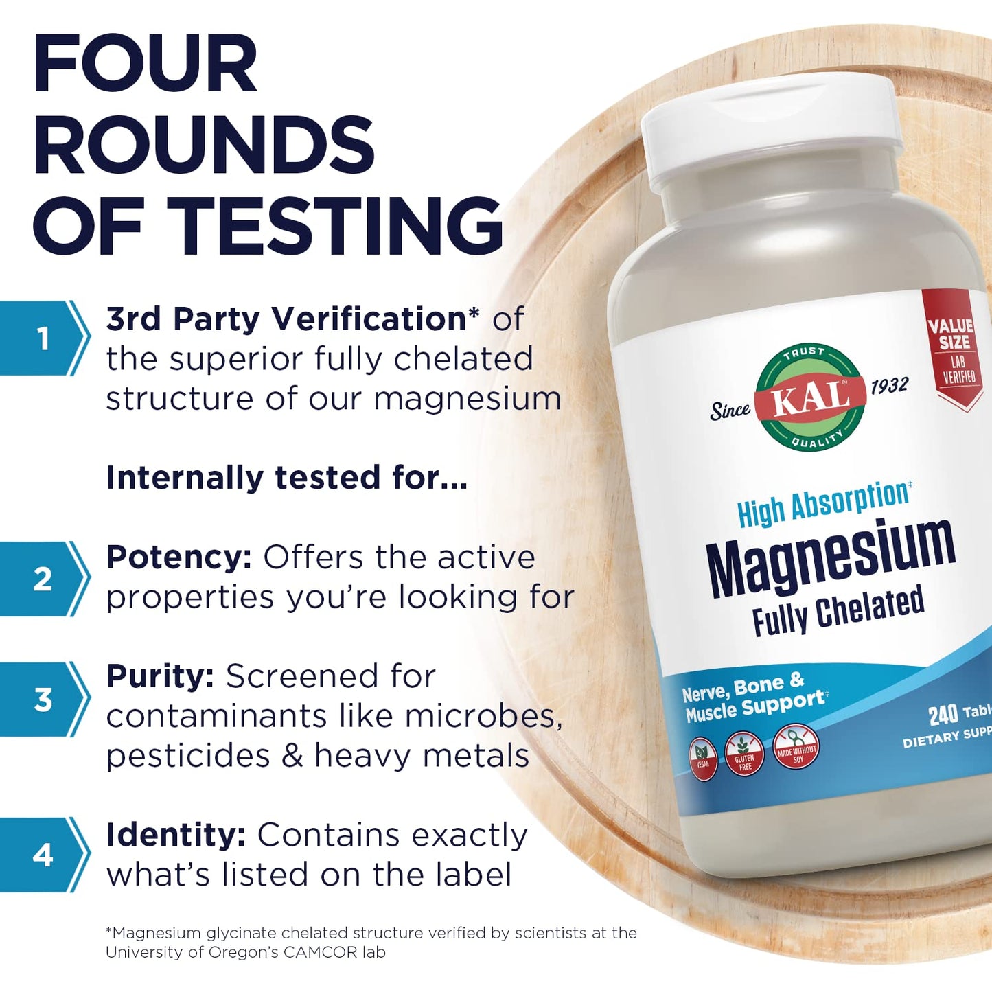 KAL Magnesium Glycinate Tablets, Fully Chelated, High Absorption Formula with Magnesium Bisglycinate Chelate for Nerve, Muscle & Bone Health Support, Vegan, Gluten Free, Value Size, 240 Tablets - Medaid International