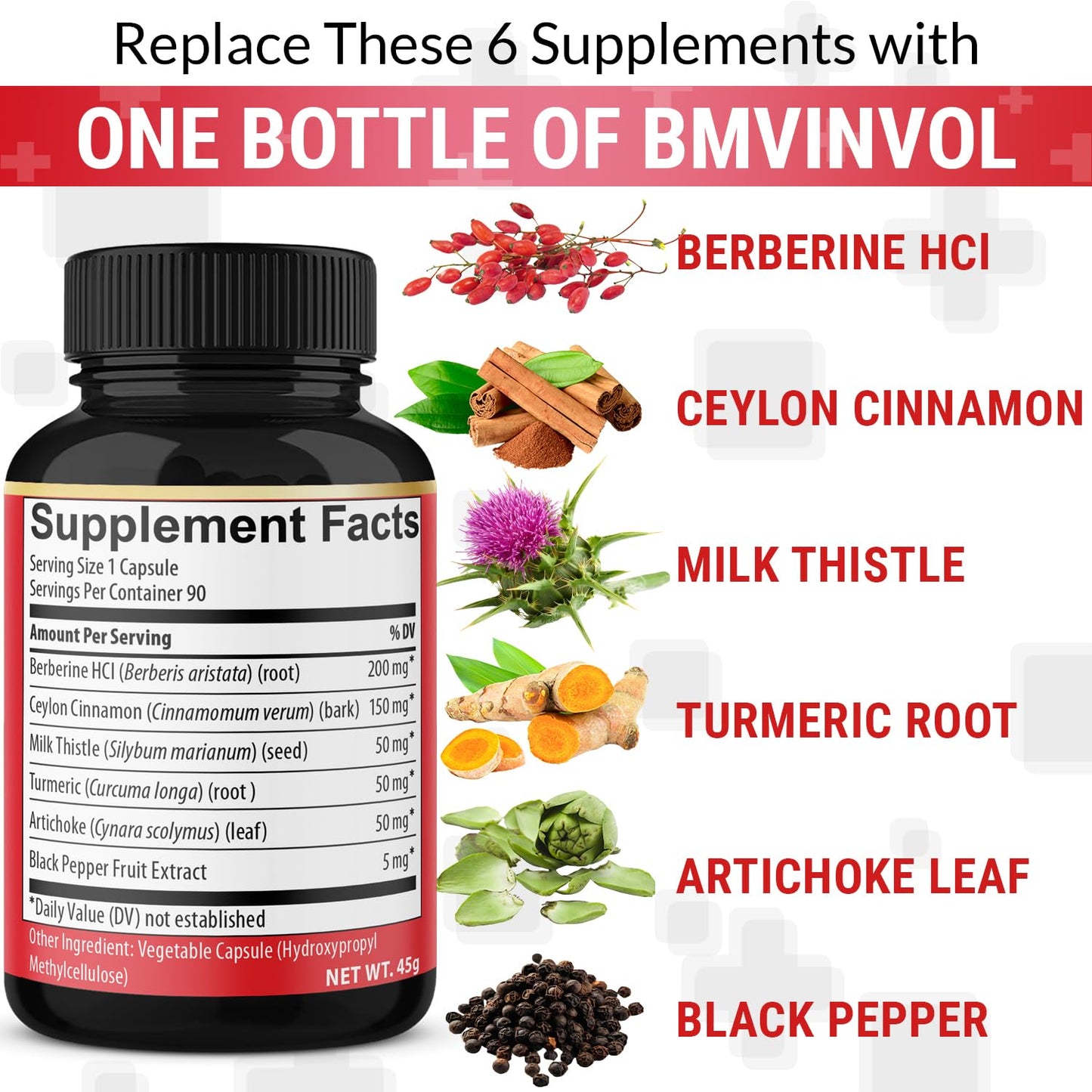 Berberine, Ceylon Cinnamon, Turmeric, Milk Thistle, Artichoke, Black Pepper - 90 Capsules for Digestion, Immunity [3-Month Supply] - Medaid International