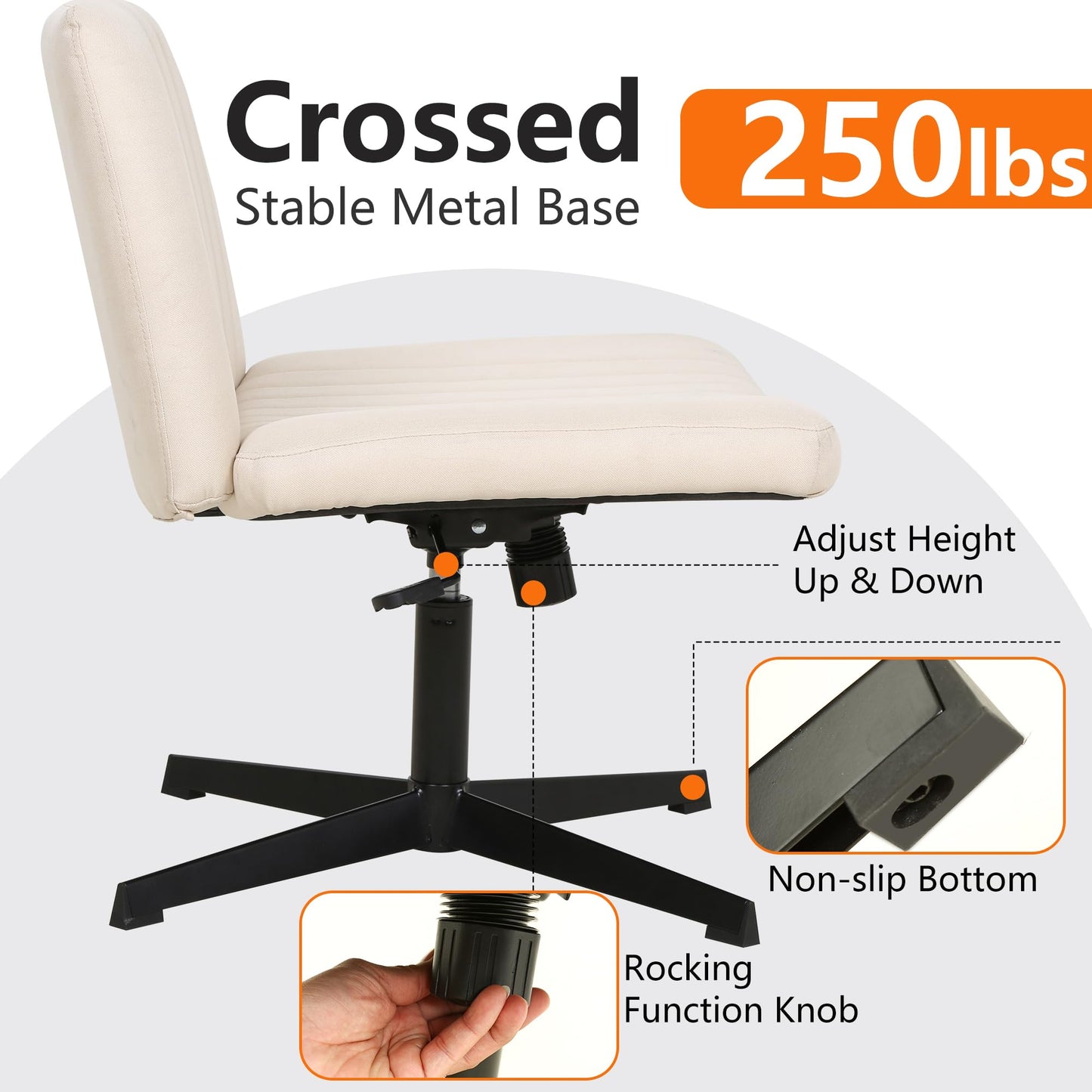 FDW Criss Cross Chair Armless Cross Legged Office Desk Chair Adjustable Swivel Ergonomic Desk Chair No Wheels U Shaped Backrest with Wide Seat Native Sponge Computer Task Vanity Chair for Home Office - Medaid International