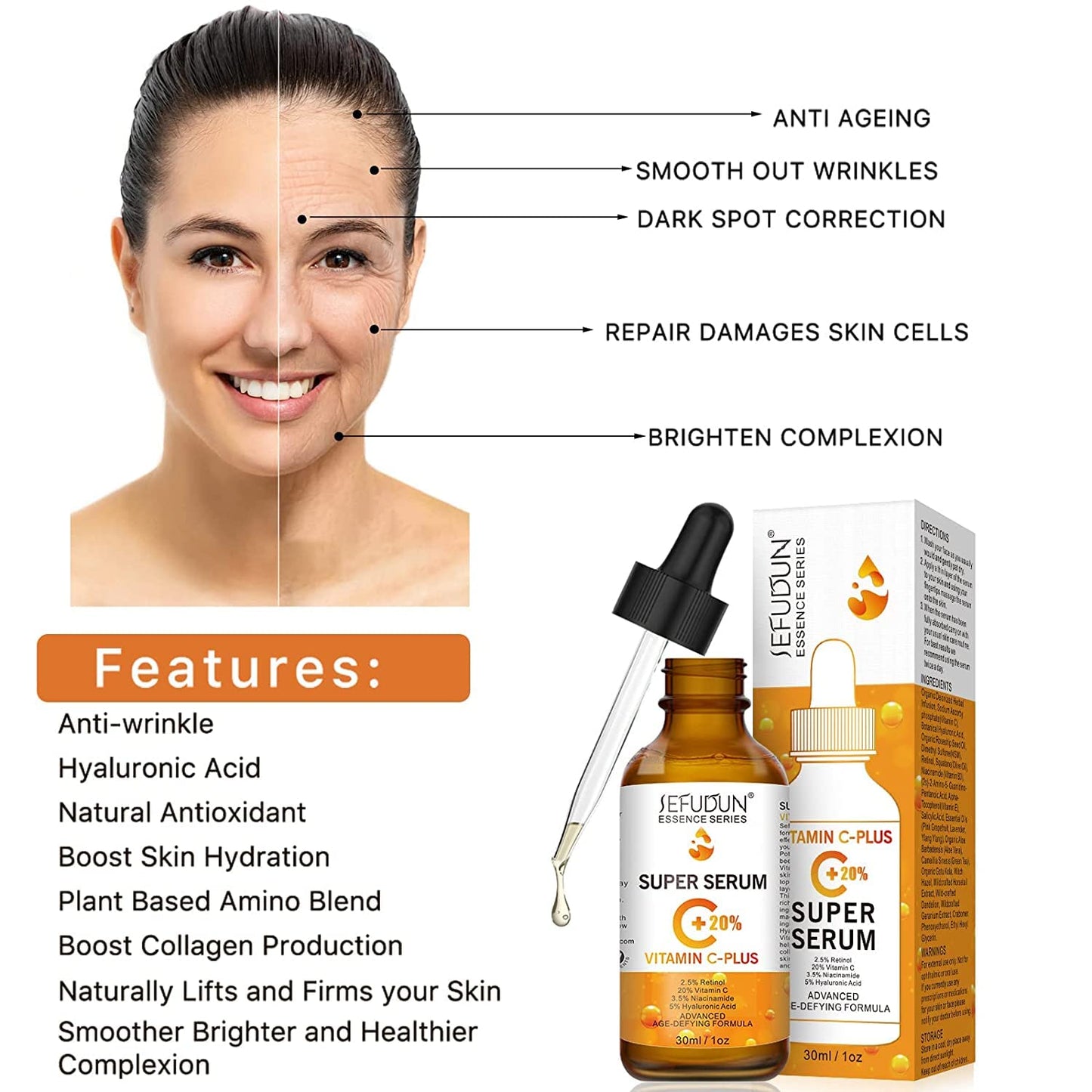 20% Vitamin C Serum for Face with Hyaluronic Acid 1 Fl Oz, Anti Aging Facial Serum for Women & Men, Antioxidant, Boost Skin Collagen, Fades Dark Spot, Hydrate & Plump Skin, Anti Aging & Wrinkle - Medaid International