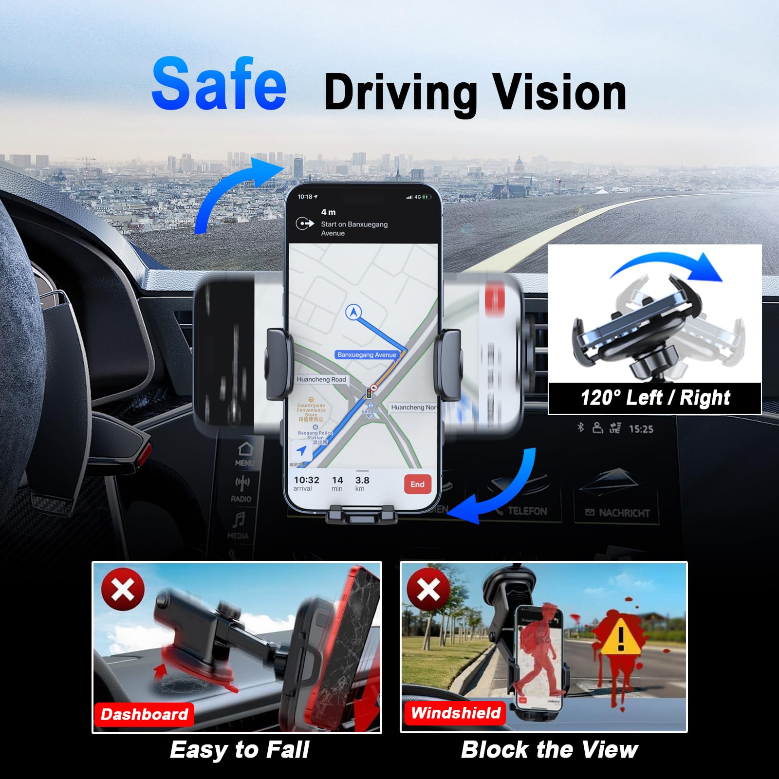 [2025 NEW] Car Phone Holder for Horizontal/Vertical Vent【Upgraded Metal Hook Clip】【Wider Clamp&Fit Thicker Case】Universal Cellphone Stand Car Mount Cradle for iPhone 17 Pro Max 16 15 14 13 Air Android - Medaid International