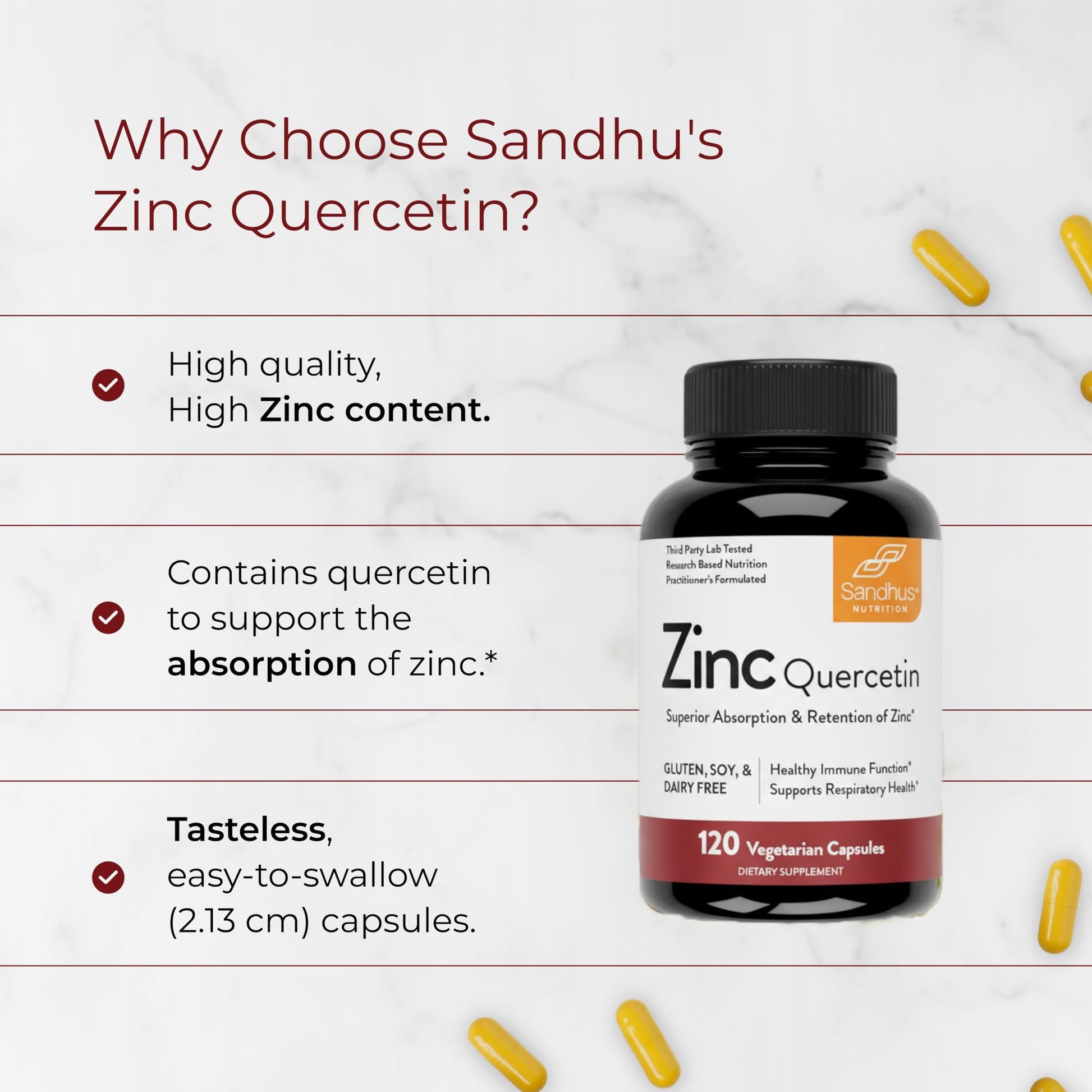 Sandhu's Zinc Quercetin 120 Vegetarian Capsules (Pack of 1) | Zinc Supplements for Antioxidant Immune Support for Men and Women | Gluten, Soy, Dairy Free - Medaid International