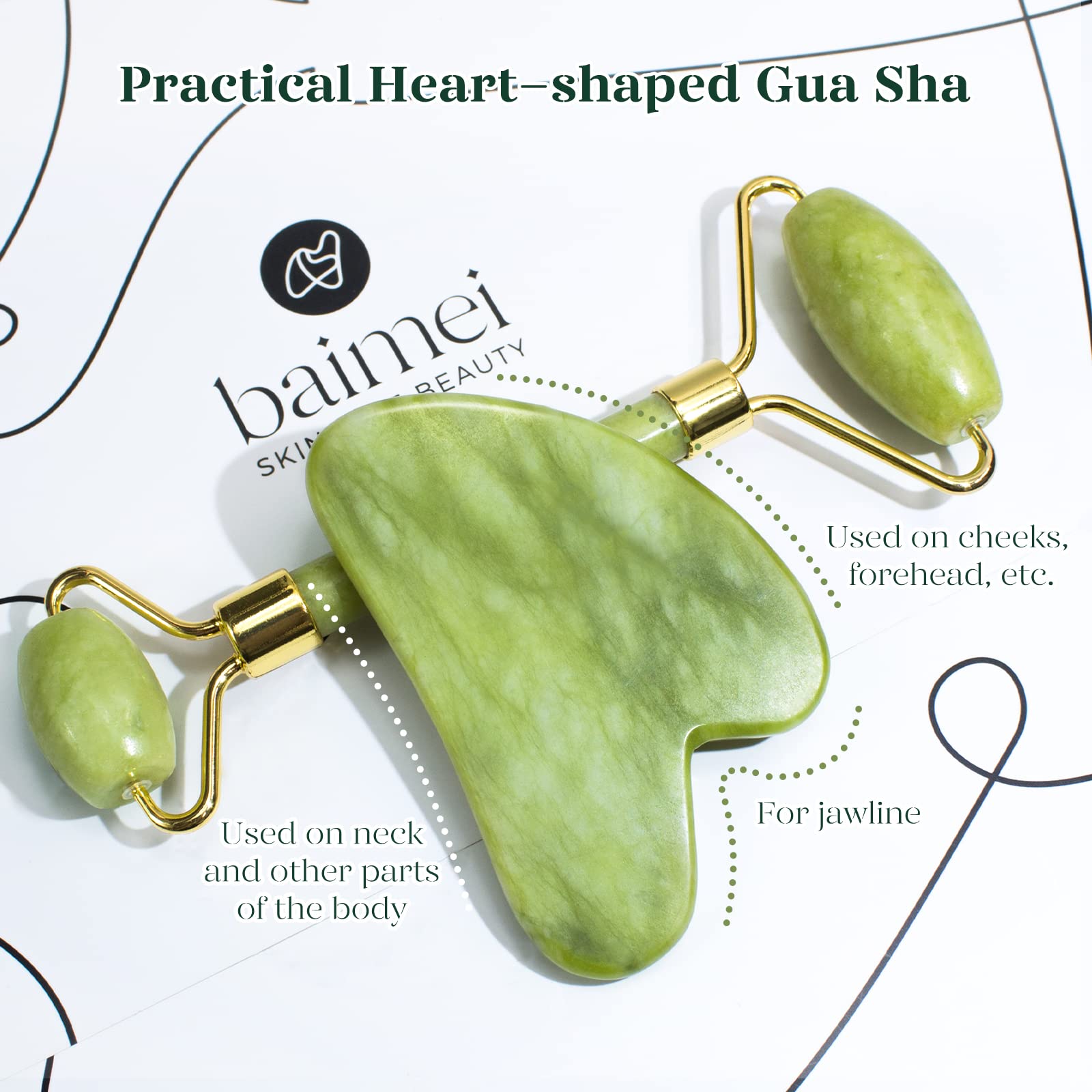 BAIMEI IcyMe Gua Sha & Jade Roller Facial Tools Face Roller and Gua Sha Set for Puffiness and Redness Reducing Skin Care Routine, Self Care Gift for Men Women - Green - Medaid International