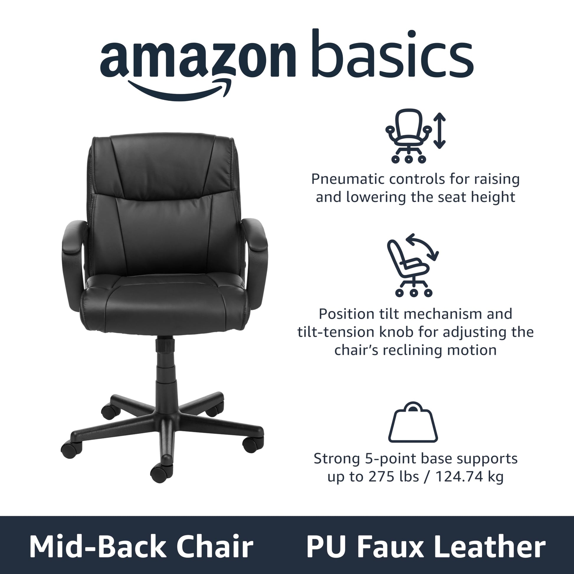 Amazon Basics Office Computer Task Desk Chair with Padded Armrests, Mid-Back, Adjustable, 360 Swivel, Rolling, 275 Pound Capacity, 24.2"D x 24"W x 34.8"H, Black Faux Leather - Medaid International