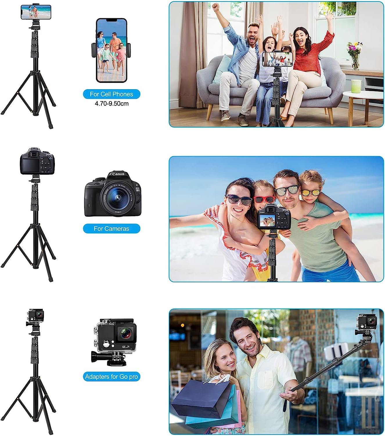70 inch Phone Tripod, Extendable Selfie Stick Tripod, Portable Cell Phone Tripod Stand, Lightweight Travel Tripod - Medaid International