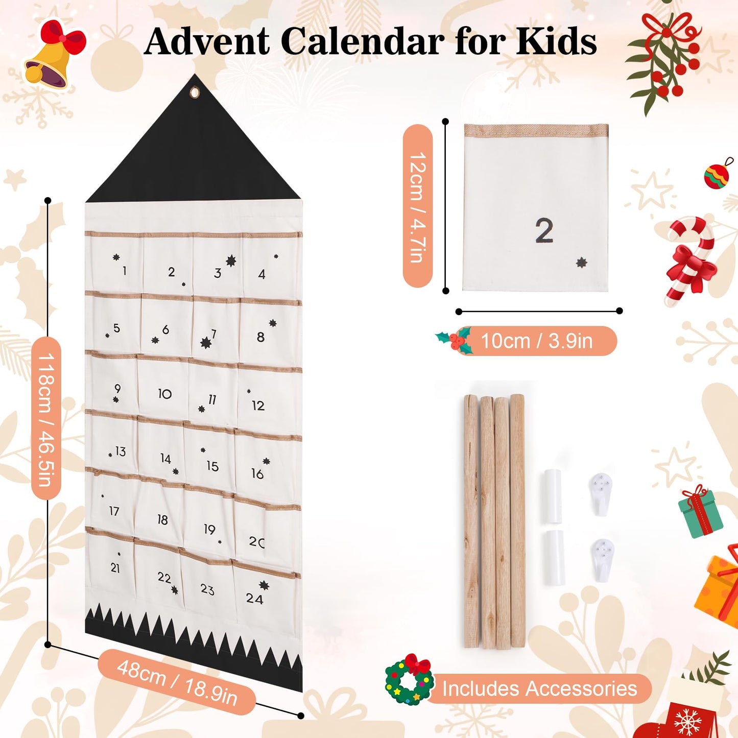 SAVORLIVING Christmas Advent Calendar with 24 Pockets, Reusable Countdown Calendar Storage Bag, Fabric Calendar Wall Hanging Bag for Xmas Holiday Home Wall Decoration (Black) - Medaid International