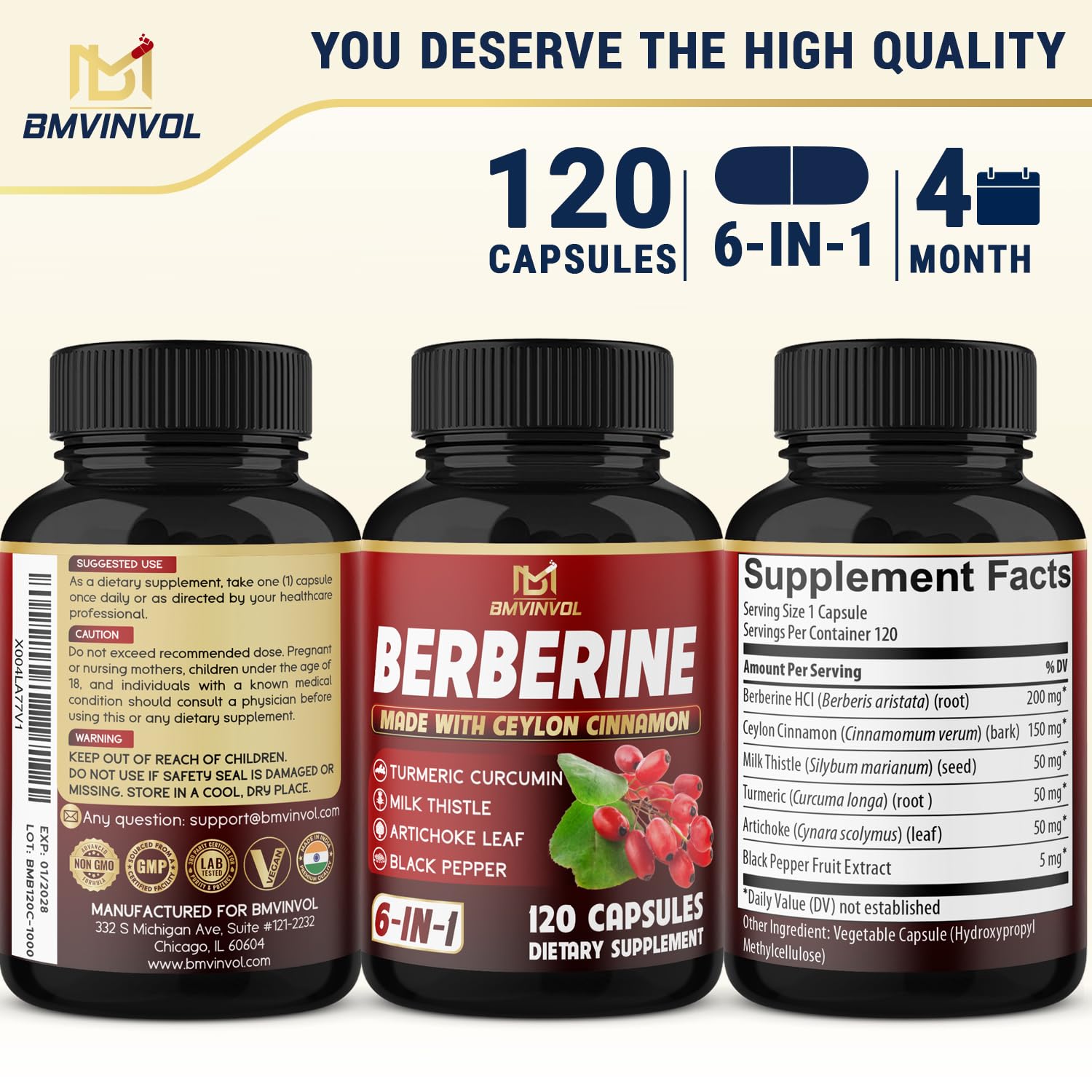 Berberine, Ceylon Cinnamon, Turmeric, Milk Thistle, Artichoke, Black Pepper - 120 Capsules for Digestion, Immunity [4-Month Supply] - Medaid International