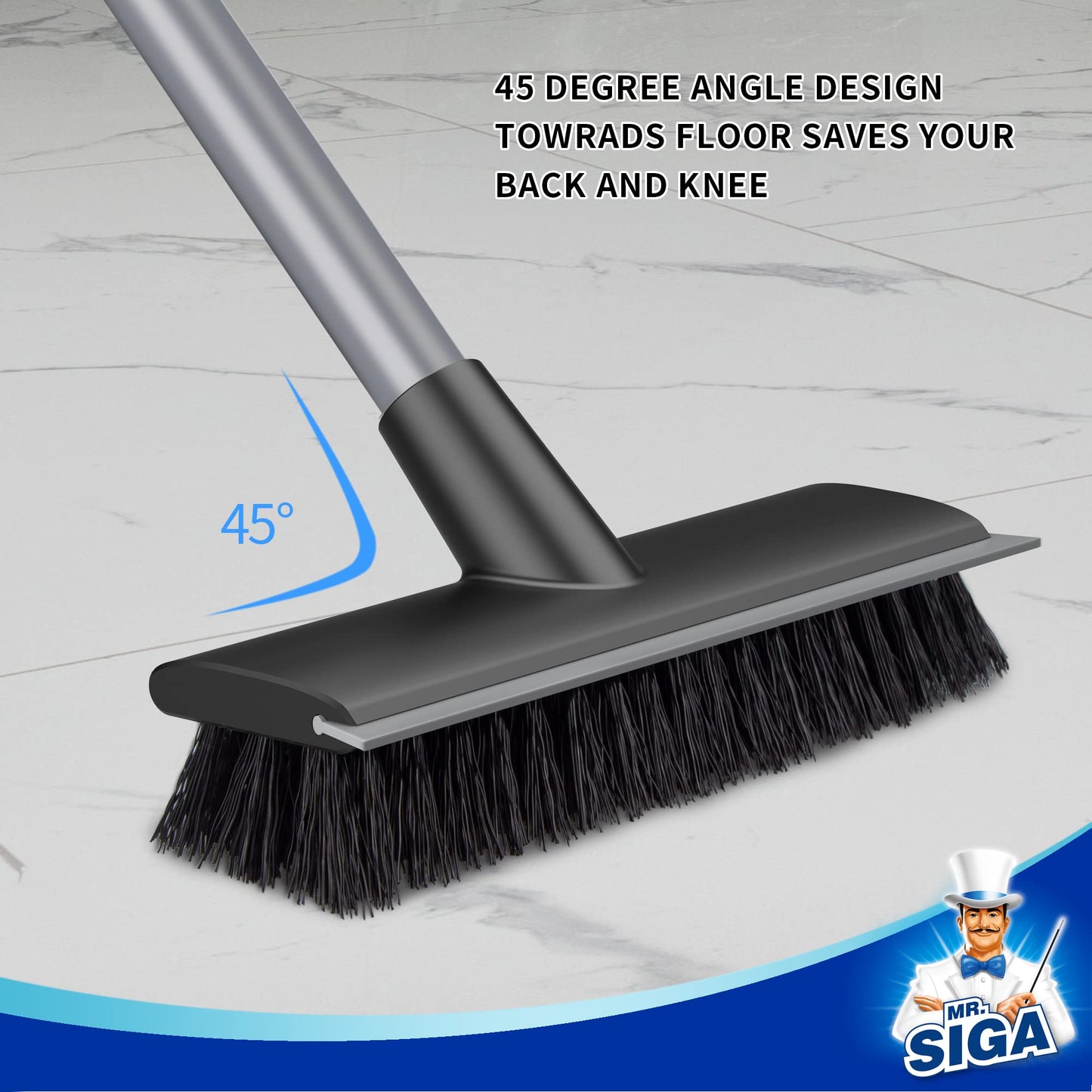 MR.SIGA Floor Scrub Brush with Long Handle, 2 in 1 Scrubber and Squeegee for Cleaning Bathroom, Patio, Garage, Wall, Tile with Stiff Bristles - Medaid International