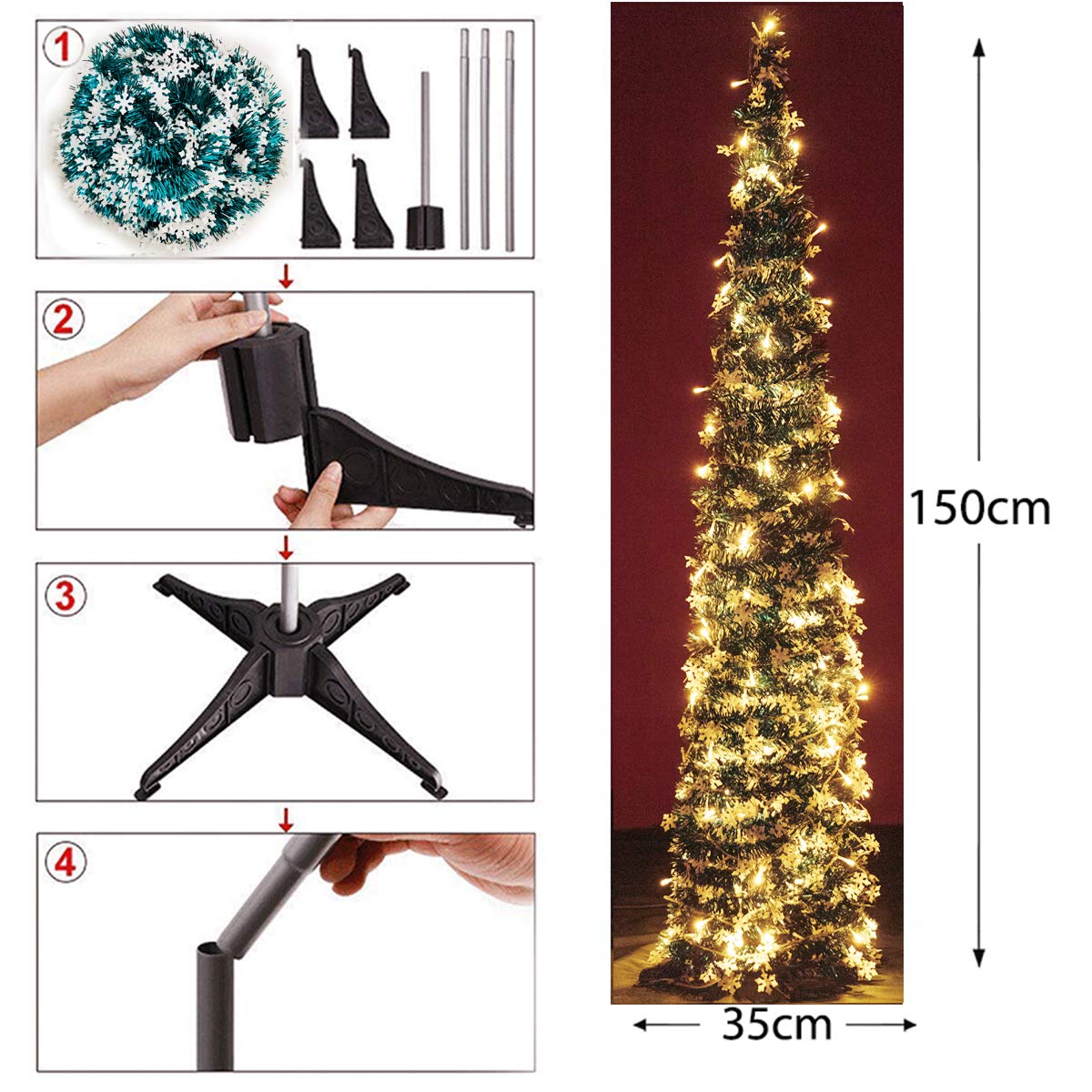 NIGHT-GRING Pop-Up Artificial Christmas Tree with 100LED Lights,Collapsible Pencil Christmas Trees for Holiday Carnival Party Christmas Decorations (Green) - Medaid International