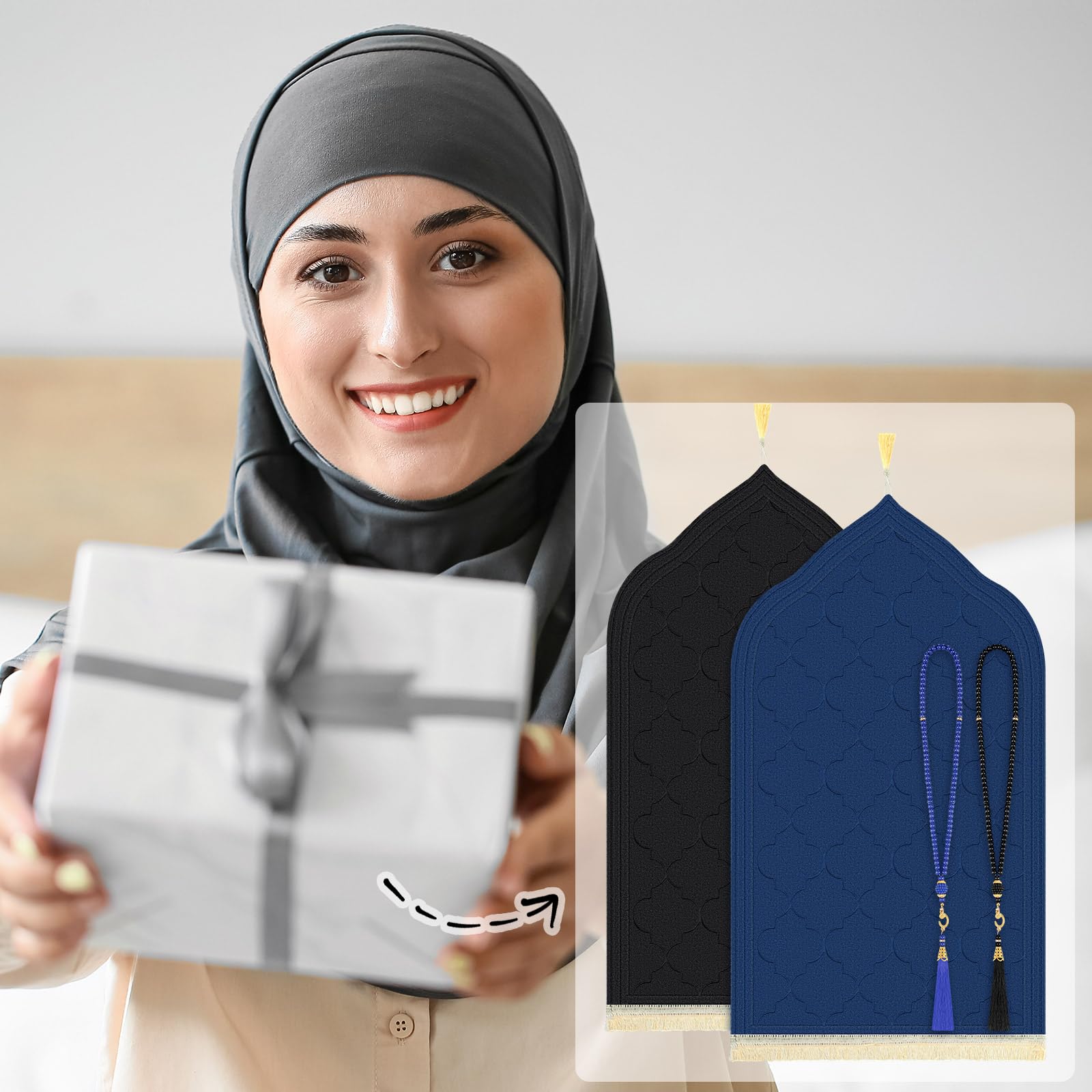 Fanfanwin 2 Pcs Muslim Prayer Rug Blue and Black Thickening Sponge Muslim Rug Islamic Prayer Mat with 2 Pcs Prayer Beads Islam Gifts for Men Women Eid Travel Ramadan - Medaid International