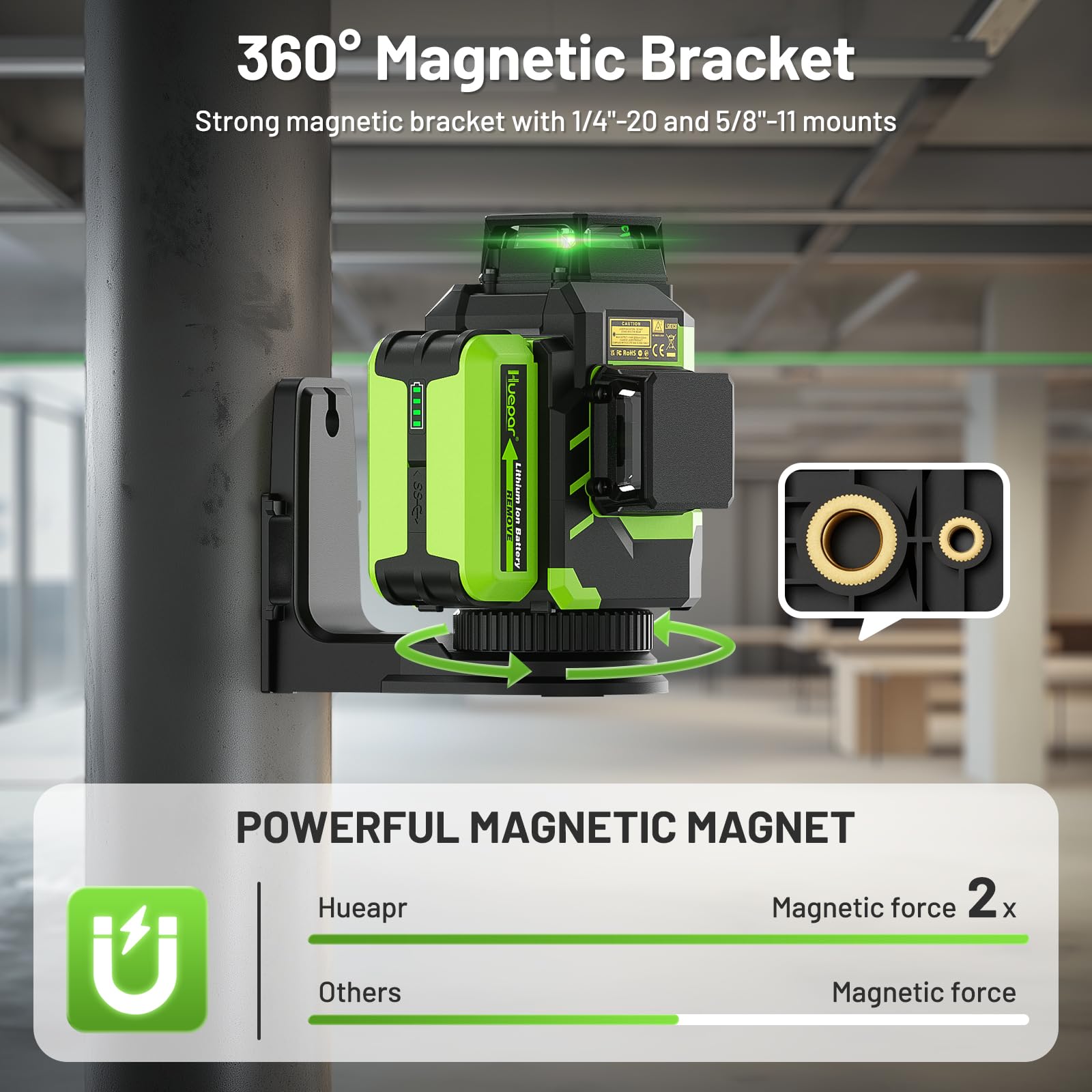 Huepar Laser Level 3x360 Self Leveling with 2 Rechargeable Batteries, 3D 12 Lines High Brightness Green Laser Level for Construction or Home Renovation, LS03CG - Medaid International