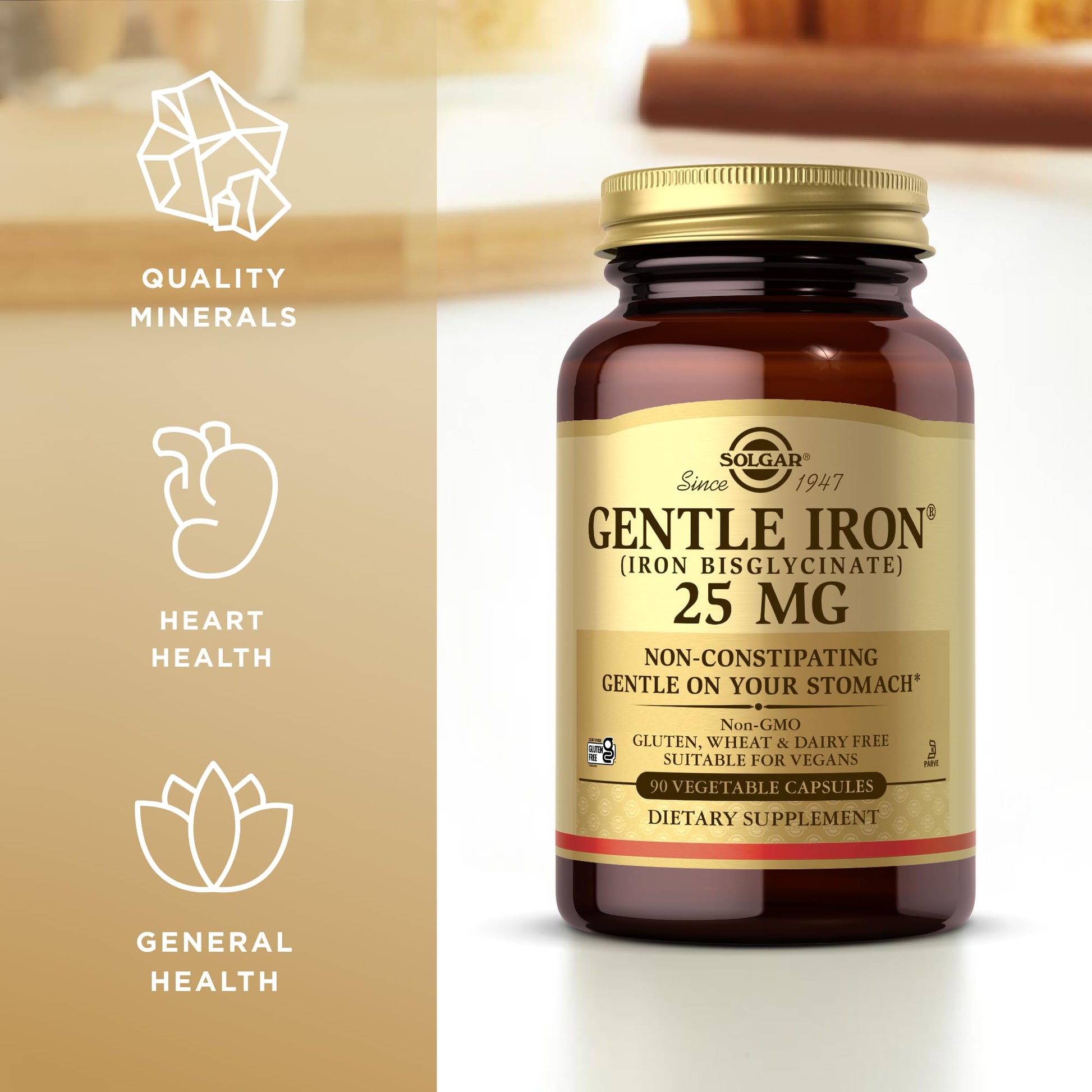 Solgar Gentle Iron (Iron Bisglycinate) 25 mg - 90 Vegetable Capsules - Non-Constipating, Gentle on Your Stomach - Gluten Free - 90 Servings - Medaid International