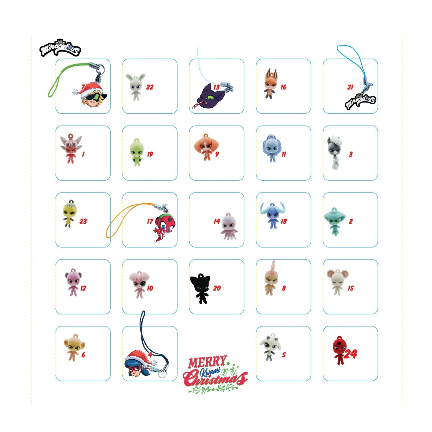 Miraculous Ladybug Ultimate Advent Kwami Calendar - 24 Days of Miniature Kwamis & EVA Seasonal Charms - Christmas Countdown Calendar with Hooks & Ribbons, Festive Collectible Toys for Kids Holiday Joy - Medaid International