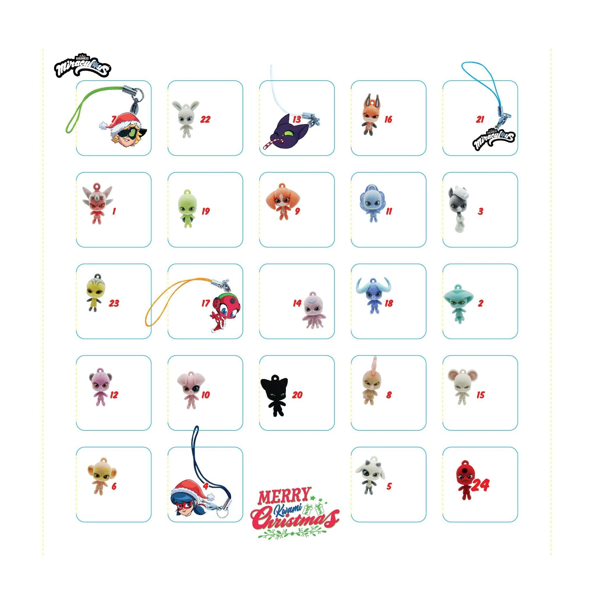 Miraculous Ladybug Ultimate Advent Kwami Calendar - 24 Days of Miniature Kwamis & EVA Seasonal Charms - Christmas Countdown Calendar with Hooks & Ribbons, Festive Collectible Toys for Kids Holiday Joy - Medaid International