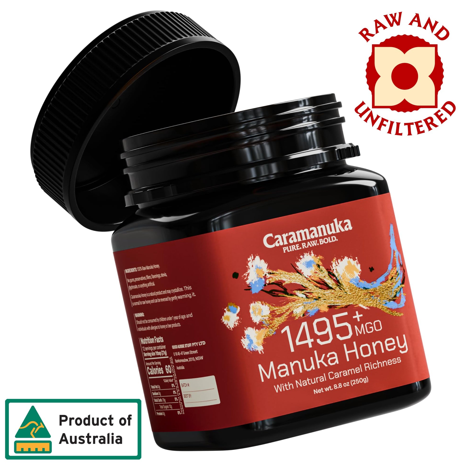 Caramanuka Manuka Honey MGO 1495+ / 100% Raw, Pure, Unfiltered & Unpasteurized, 3rd Party Tested, Ultra-Potent, Glyphosate-Free, Australian Premium Manuka Honey - Medaid International