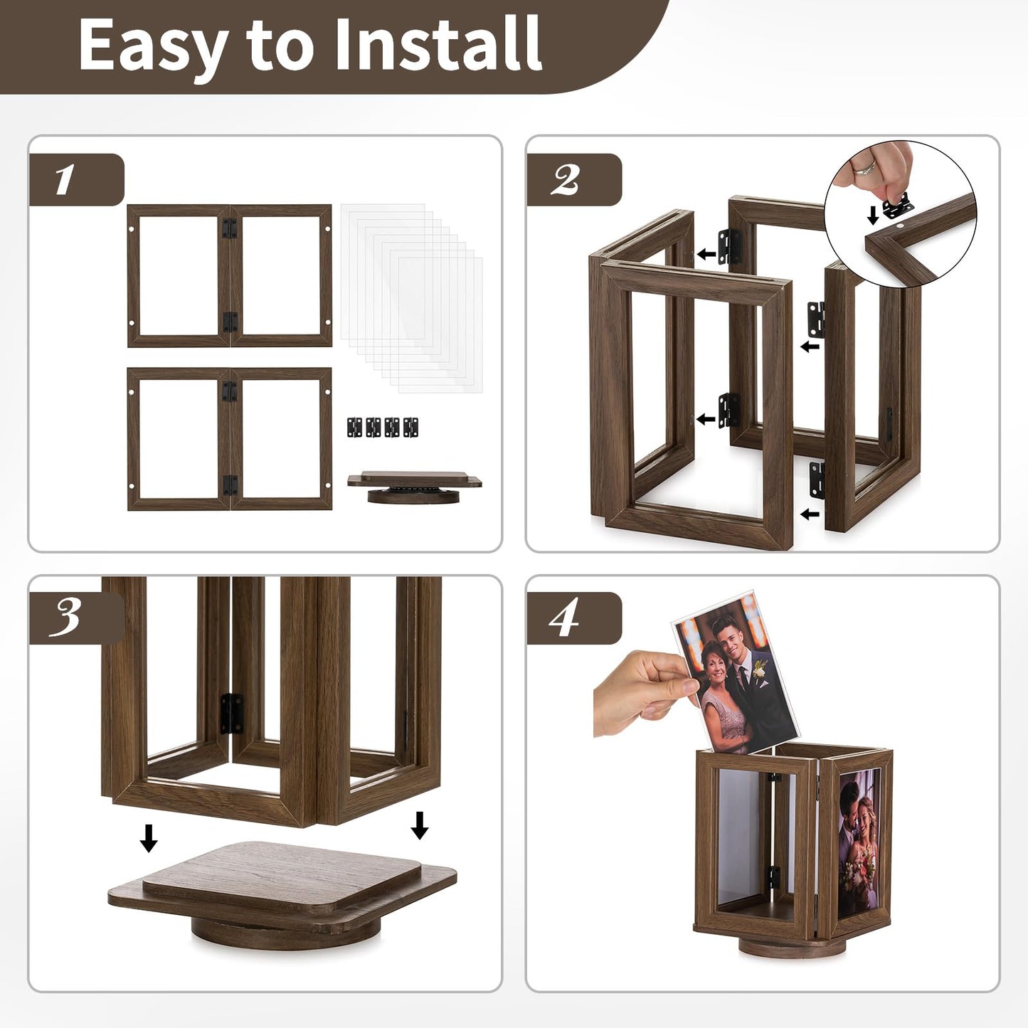 NUPTIO Rotating Picture Frames Cube: 4x6 Inch Double Wooden Brown Photo Frame for Wedding Christmas Birthday Anniversary Office Home Desk - Medaid International