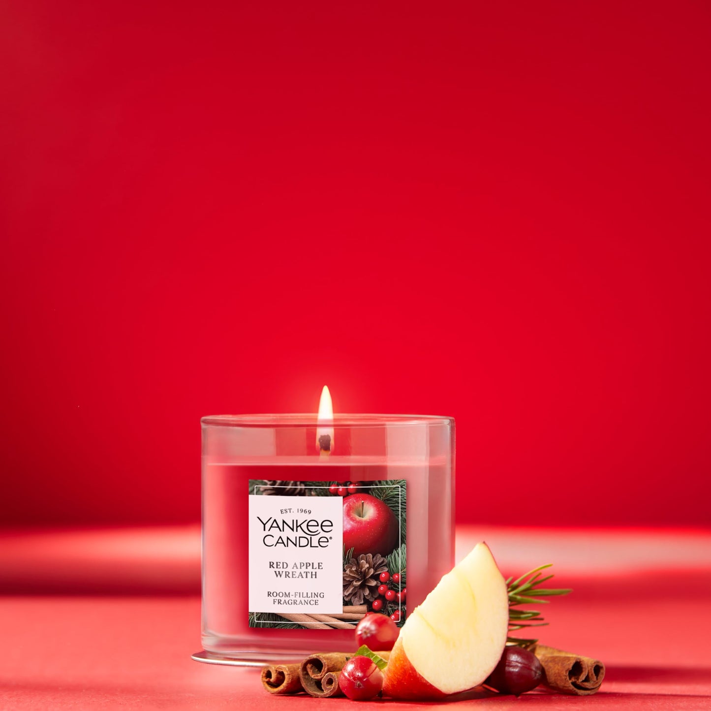 Yankee Candle Small Tumbler Scented Candle with up to 40 Hour Burn Time, Premium Plant Wax Blend for Consistent Burn, 4.3 oz Tumbler Candle with Room Filling Fragrance, Red Apple Wreath - Medaid International