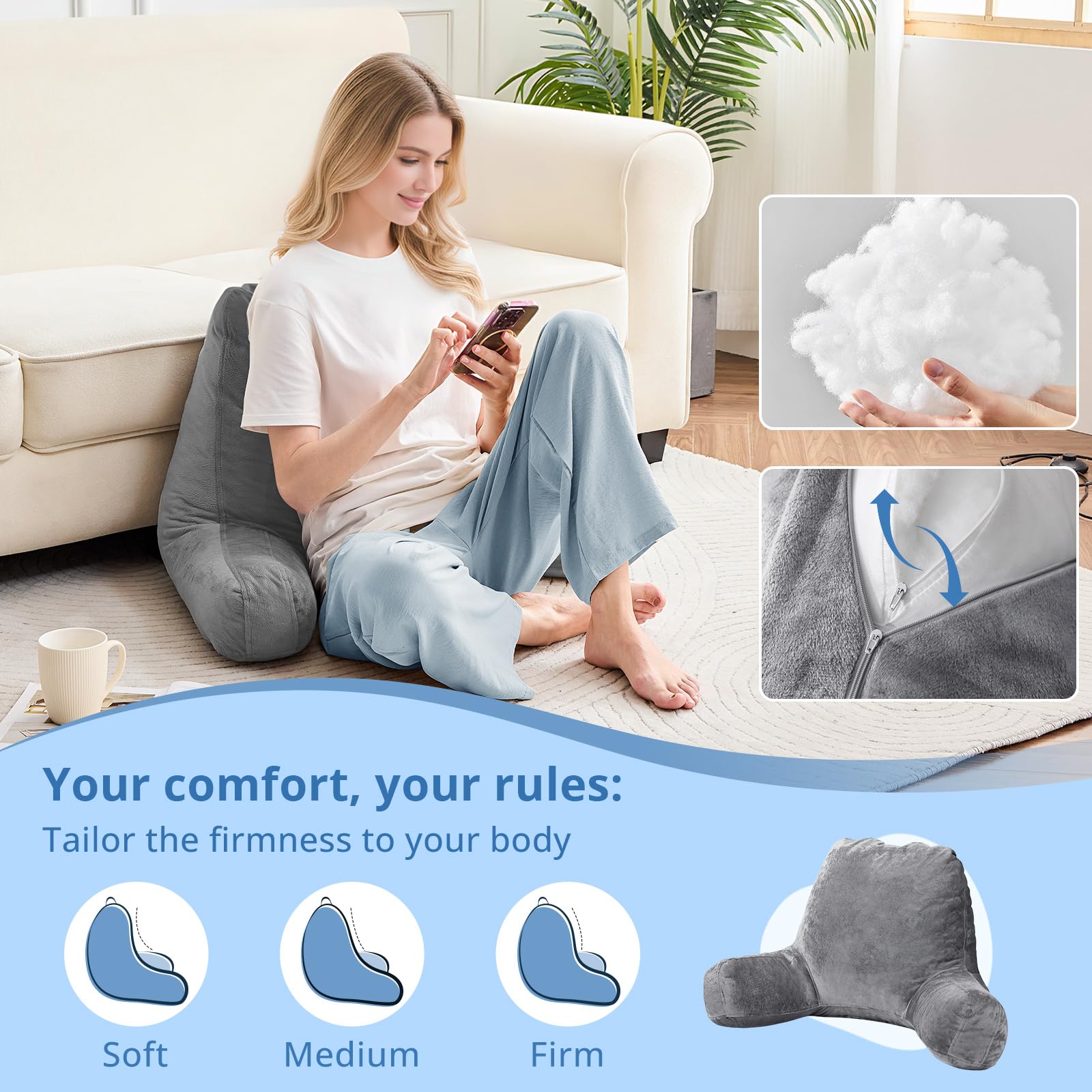 Sasttie Reading Pillows for Sitting in Bed Adult, Velvet Back Pillow Bed Sitting Up, Back-Rest Support Cushion for Sit Up on Couch, Sofa, and Floor, Dorm Essentials, Oeko-Tex Certified, Dark Grey - Medaid International