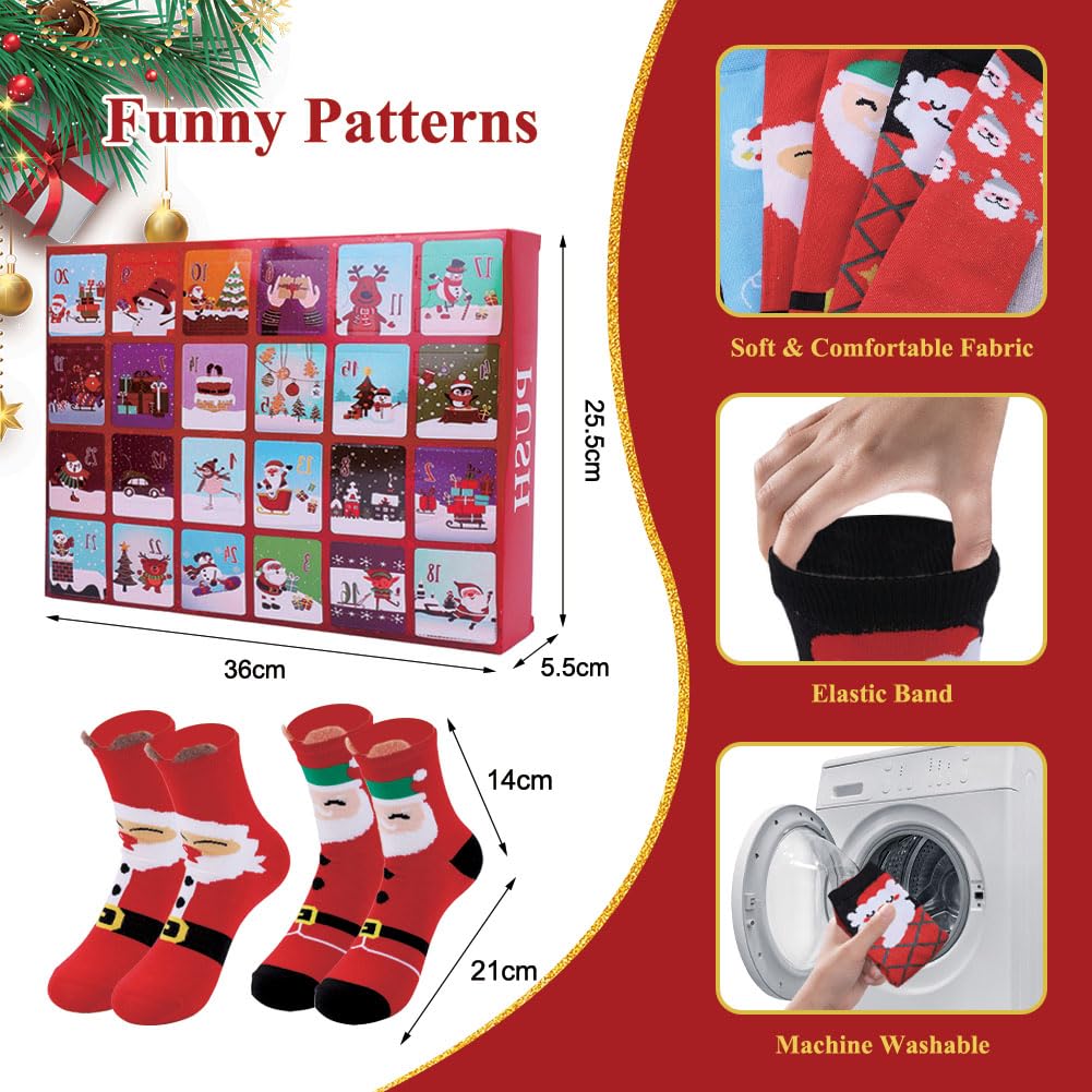 Christmas Advent Calendar 2025, 24 Days Christmas Countdown Calendar with 24Pcs Fun Holiday Socks Bulk for Xmas Party Favor Gifts for Women Adult Teens Countdown Gifts Socks - Medaid International